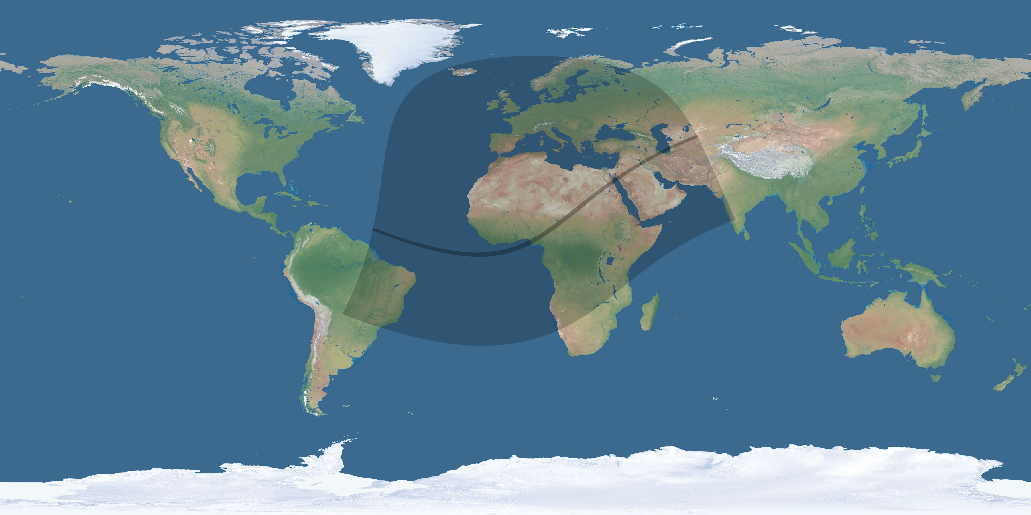 Map of the umbra and penumbra path of the solar eclipse of 01/10/1377