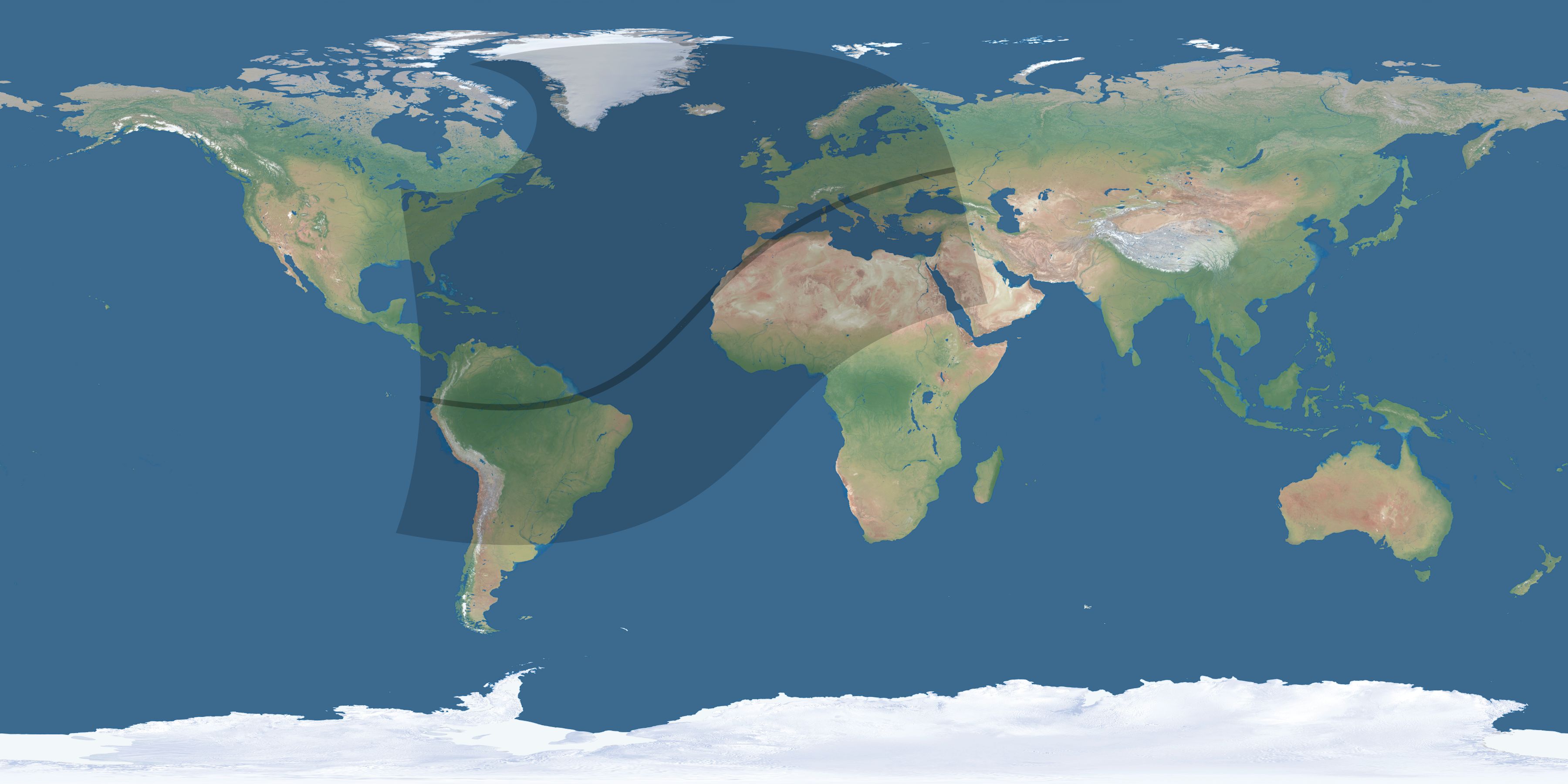 Map of the umbra and penumbra path of the solar eclipse of 02/12/1431