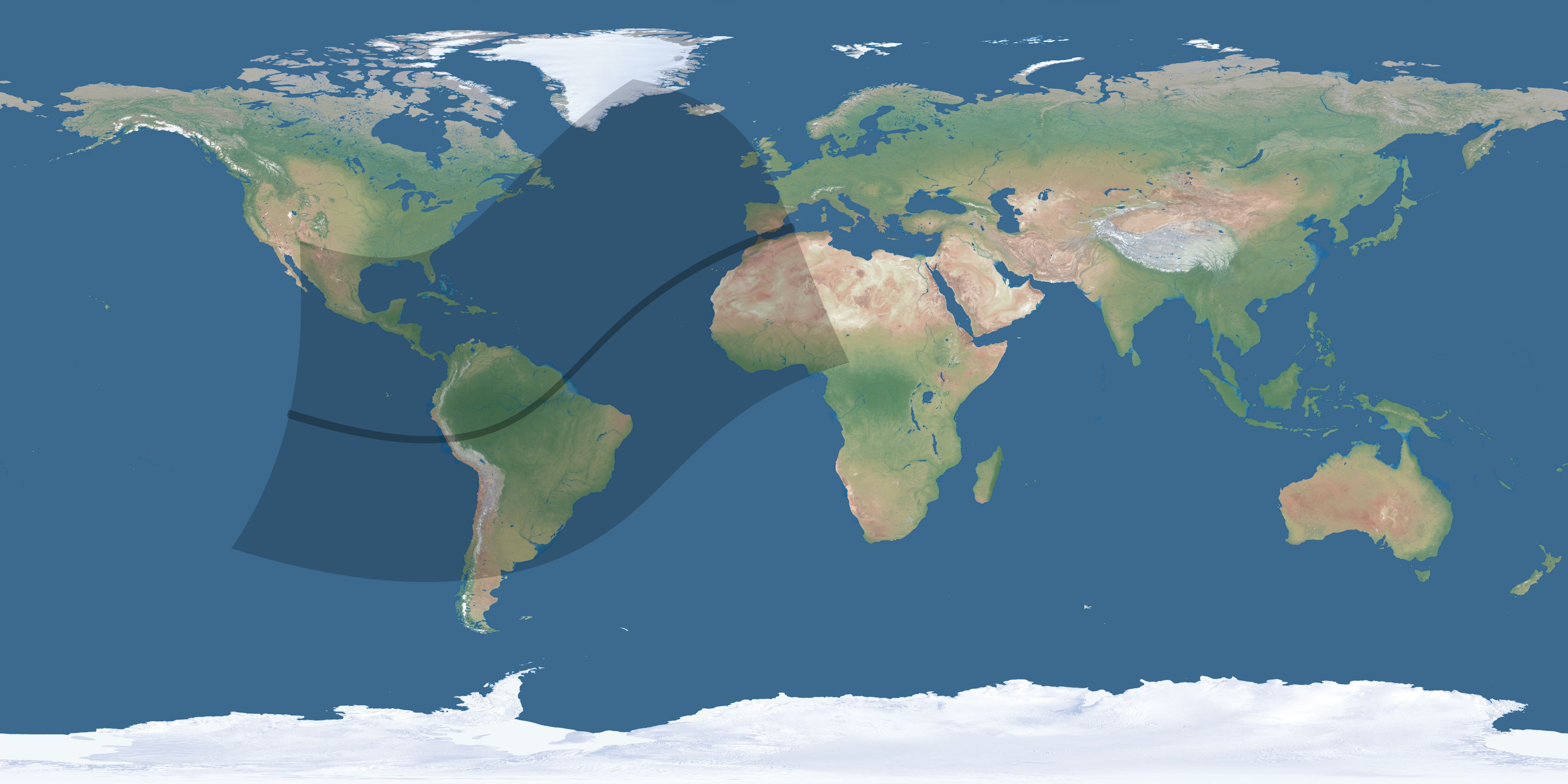 Map of the umbra and penumbra path of the solar eclipse of 01/23/1525