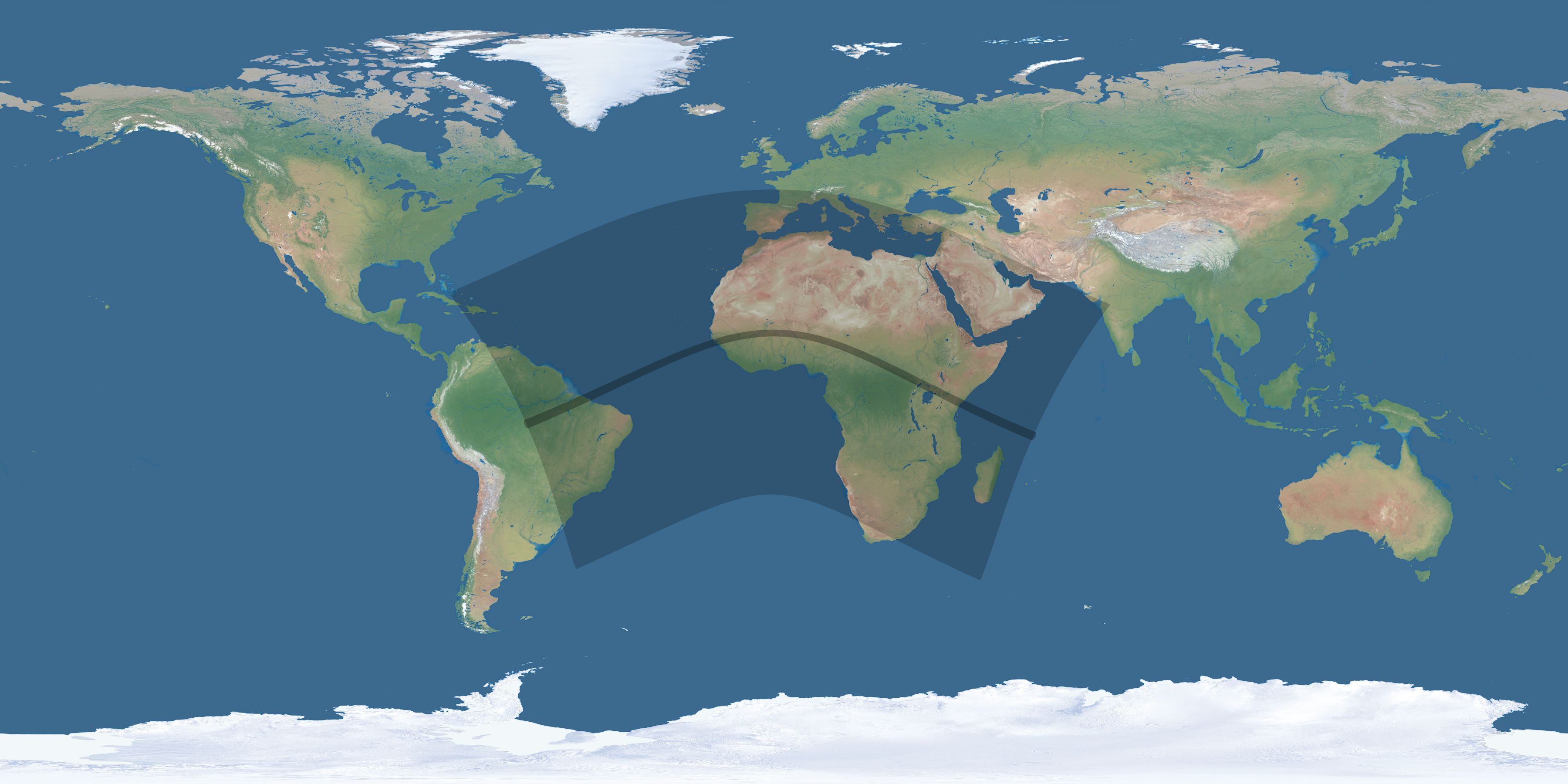 Map of the umbra and penumbra path of the solar eclipse of 06/30/1535