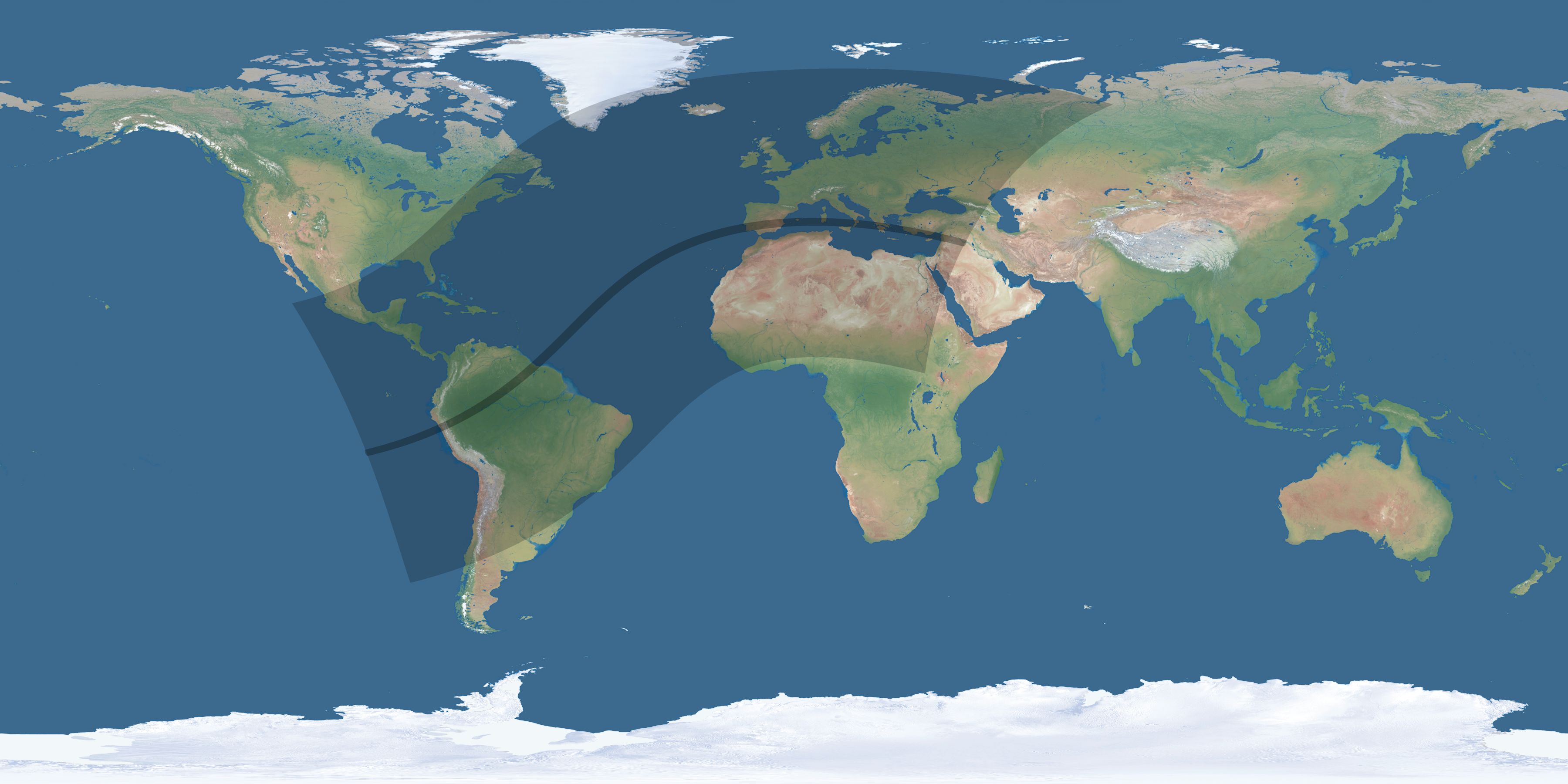 Map of the umbra and penumbra path of the solar eclipse of 04/18/1539