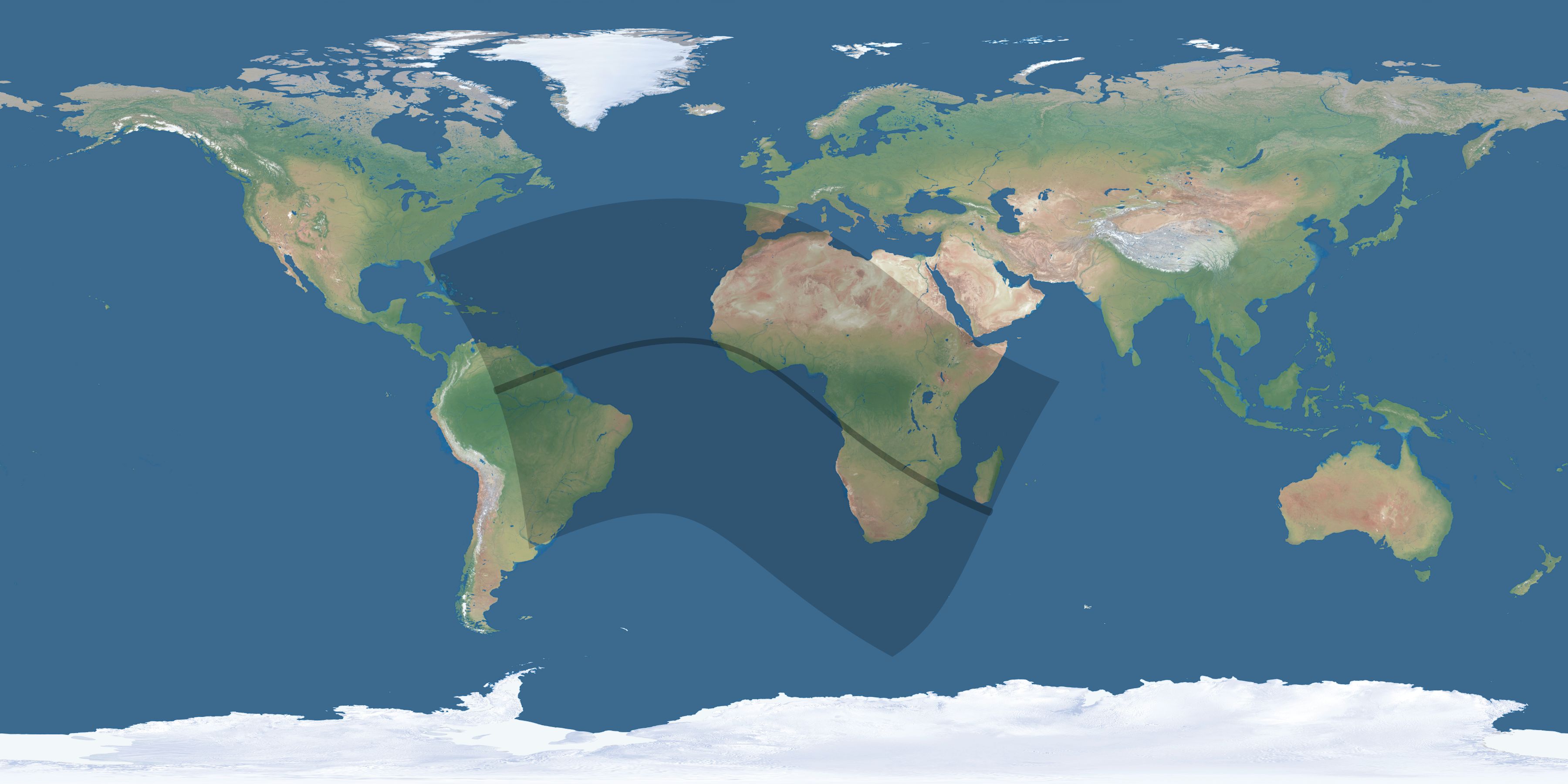 Map of the umbra and penumbra path of the solar eclipse of 07/14/1749