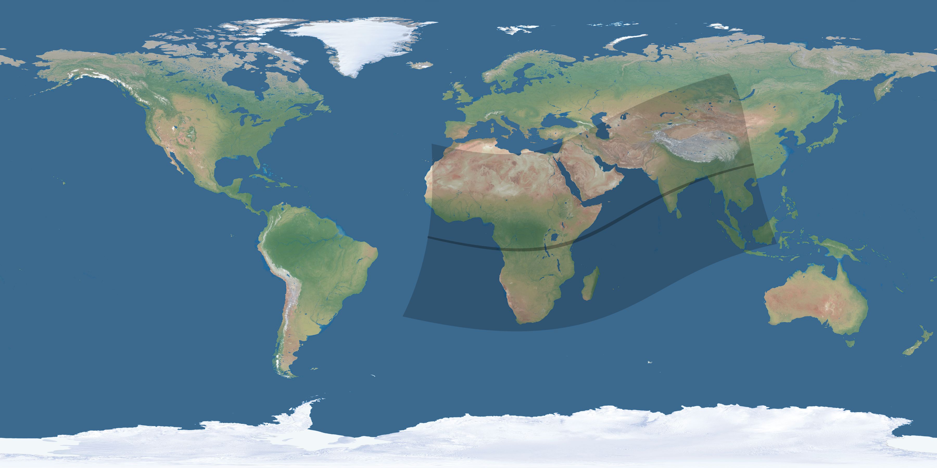 Map of the umbra and penumbra path of the solar eclipse of 02/16/1980