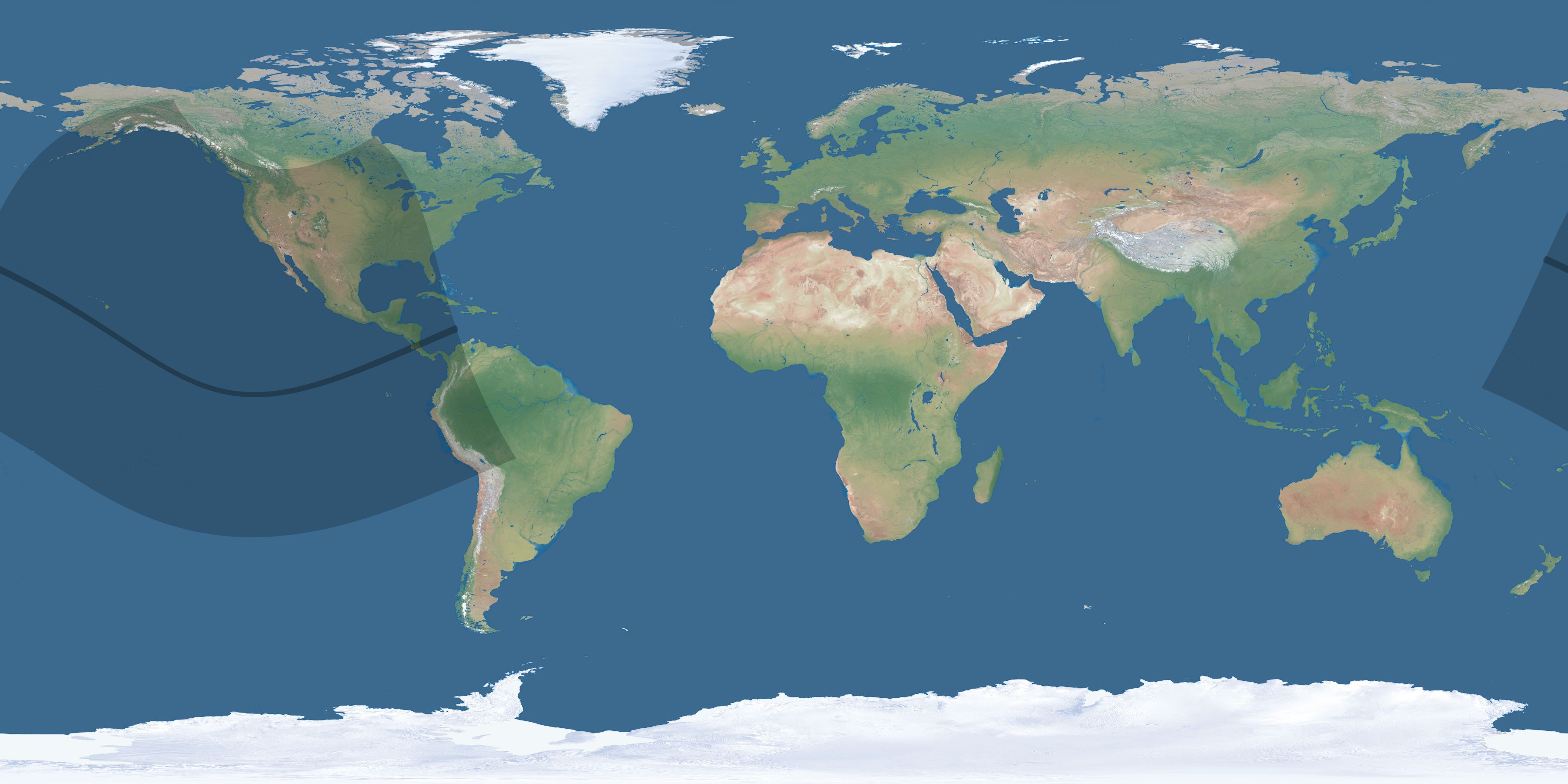 Map of the umbra and penumbra path of the solar eclipse of 12/14/2001