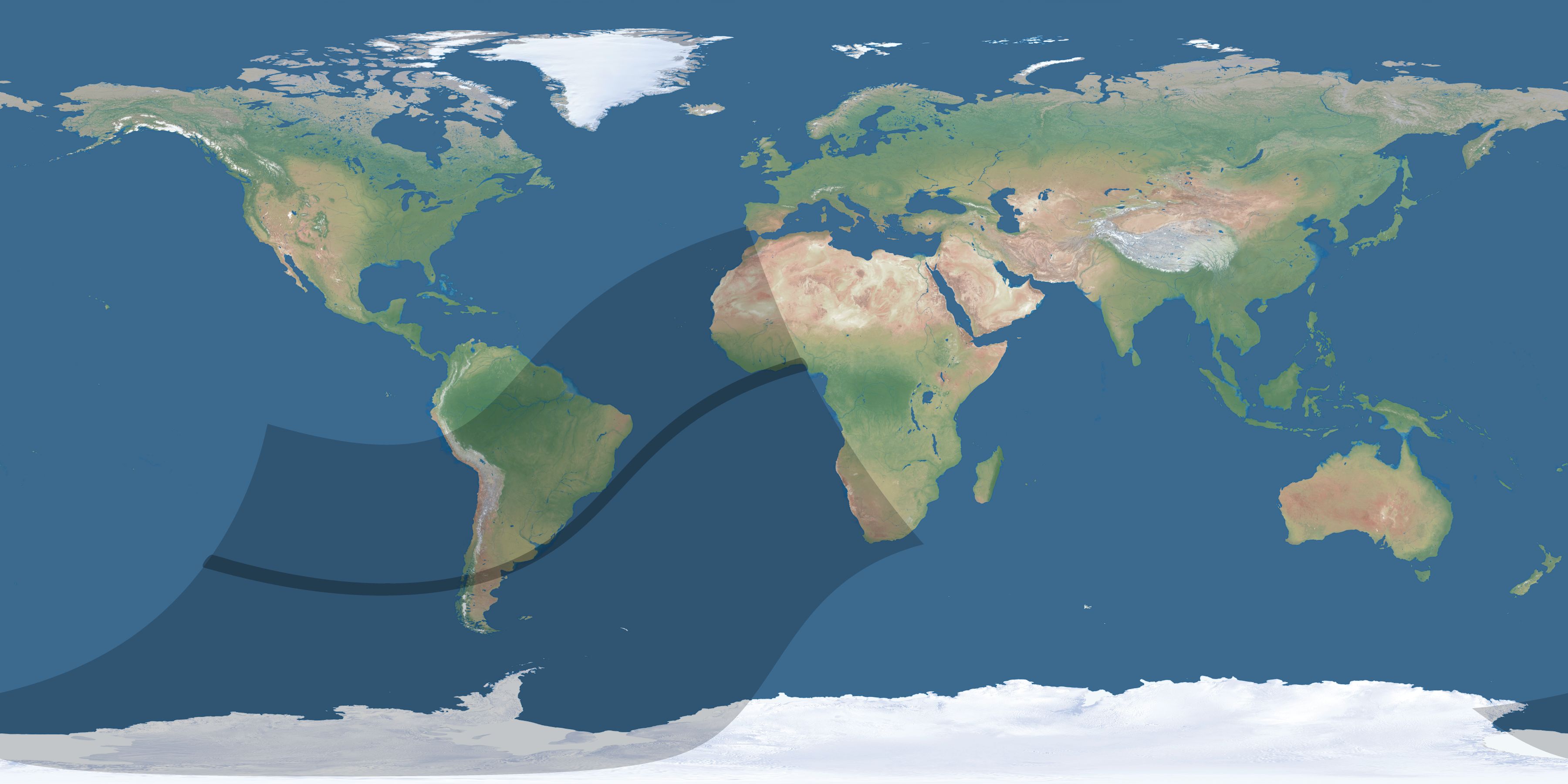 Map of the umbra and penumbra path of the solar eclipse of 02/06/2027