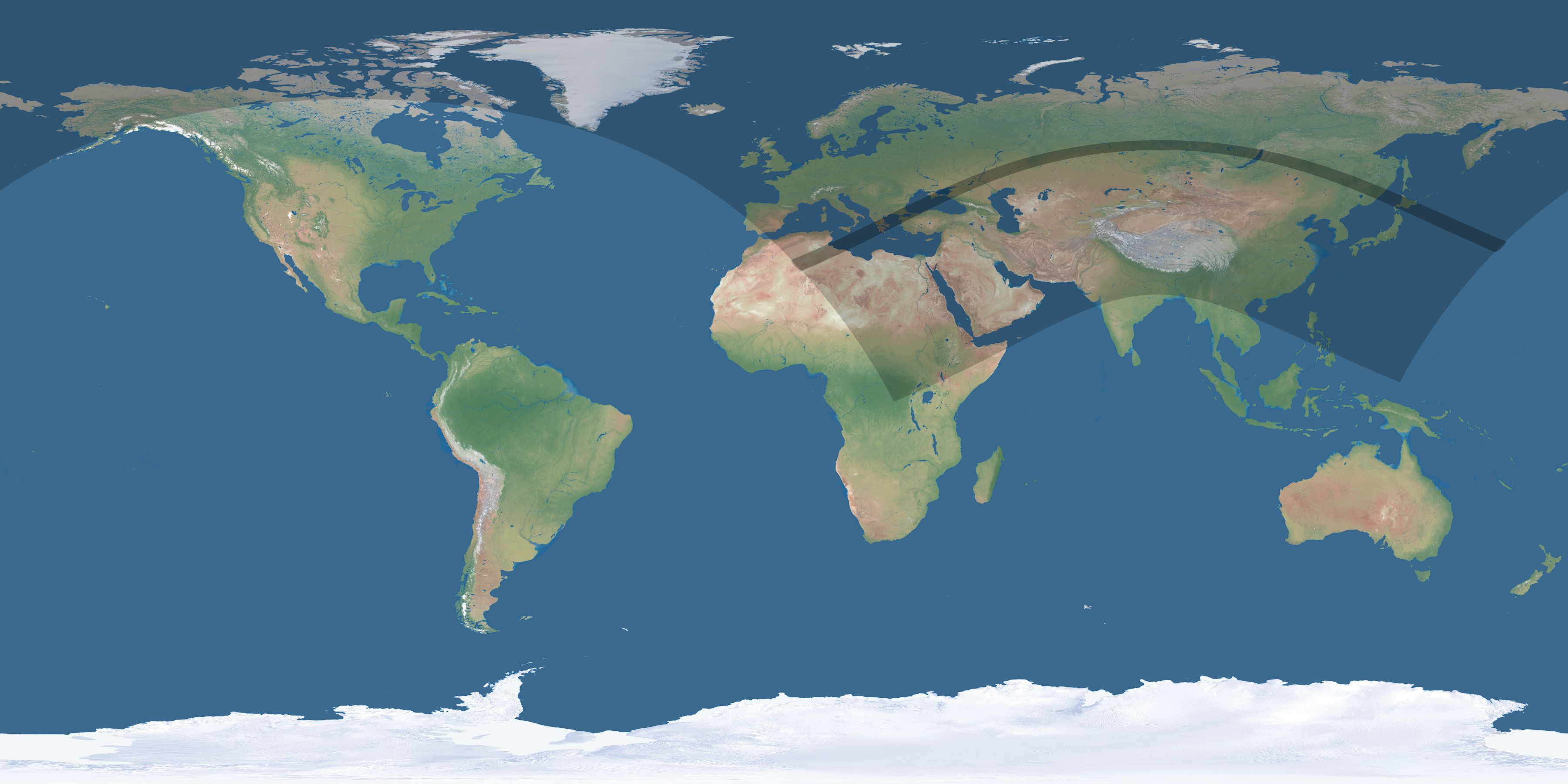 Map of the umbra and penumbra path of the solar eclipse of 06/01/2030