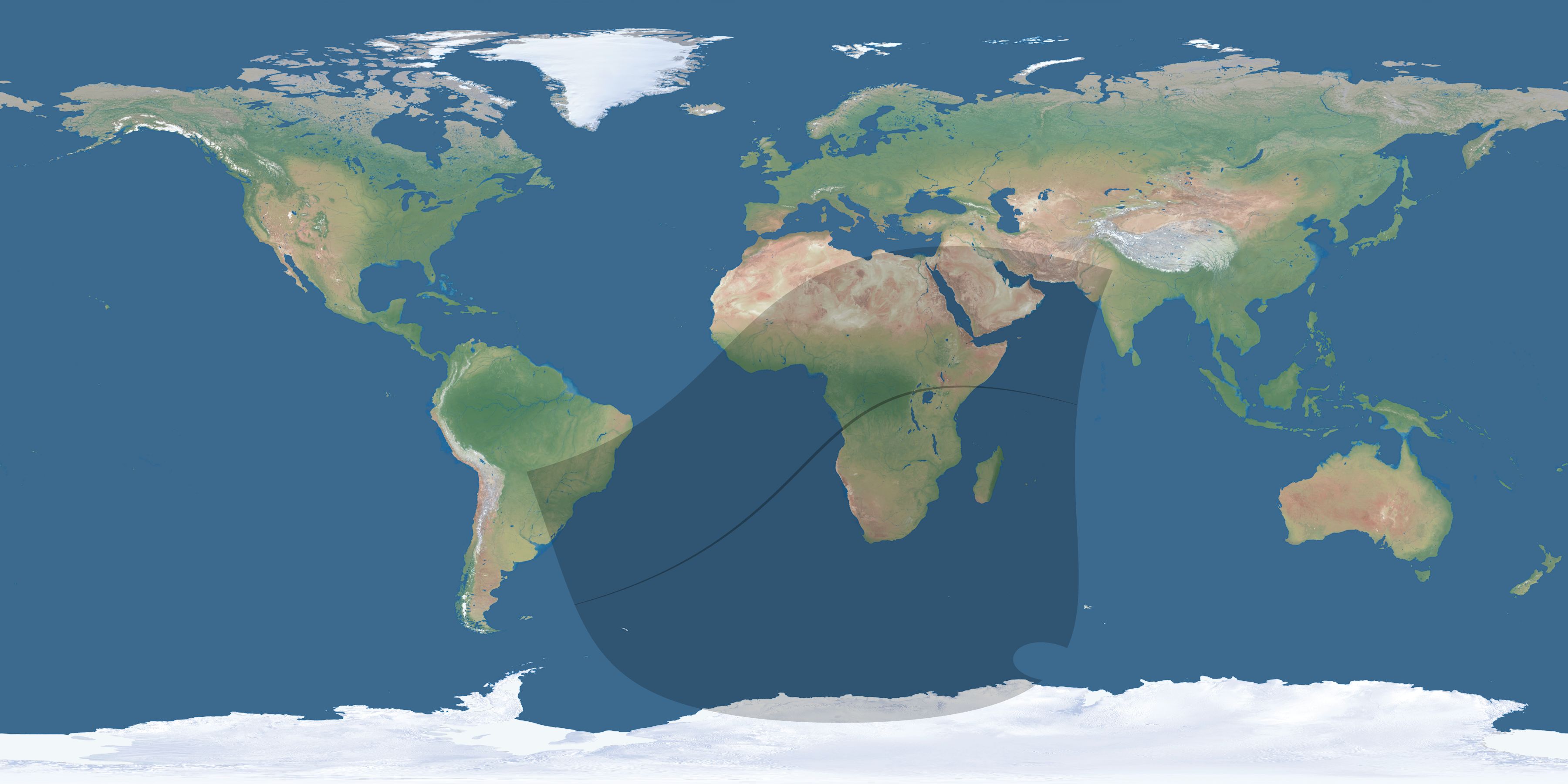 Map of the umbra and penumbra path of the solar eclipse of 04/30/2041