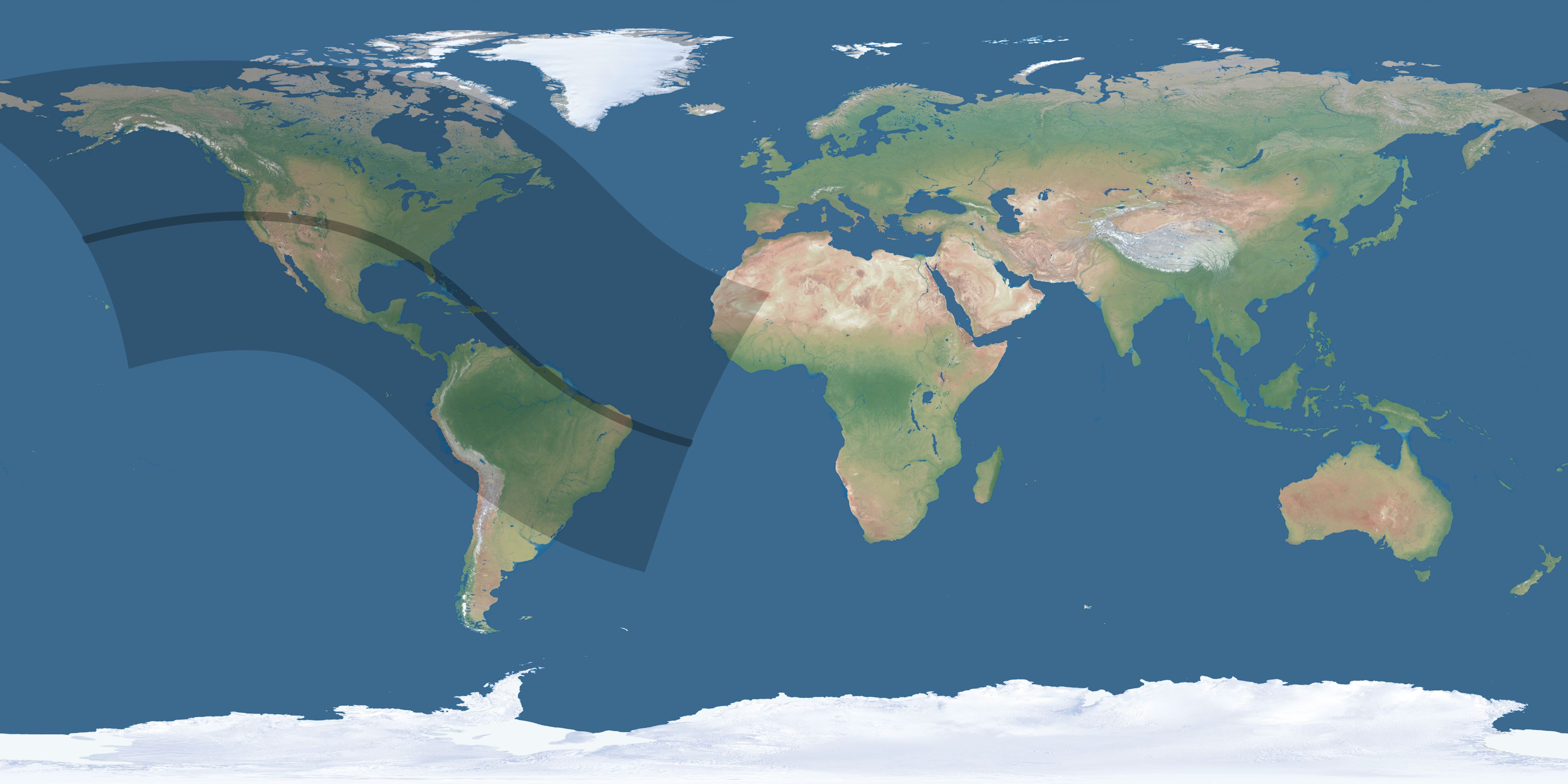 Map of the umbra and penumbra path of the solar eclipse of 08/12/2045