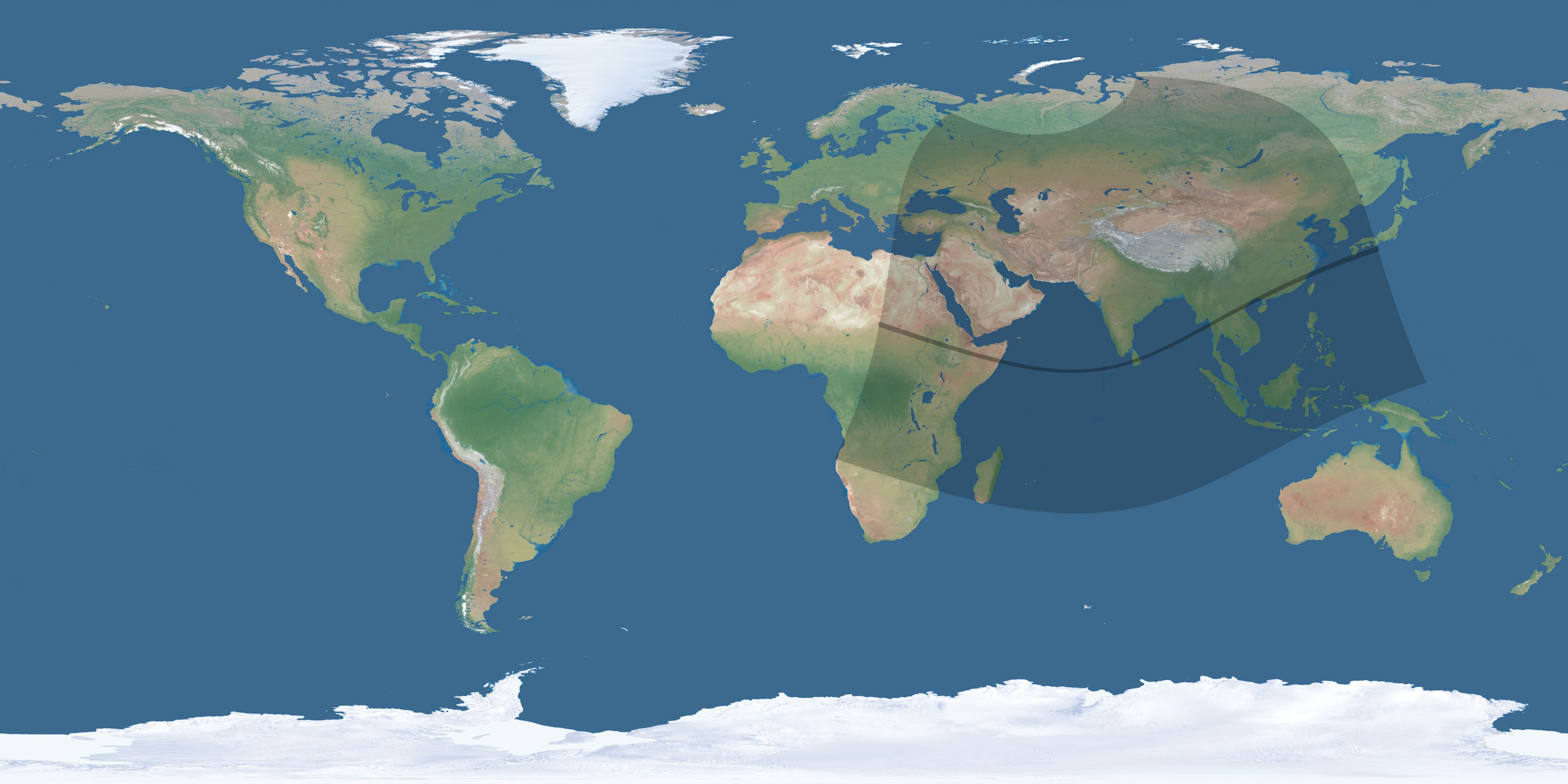 Map of the umbra and penumbra path of the solar eclipse of 01/27/2074
