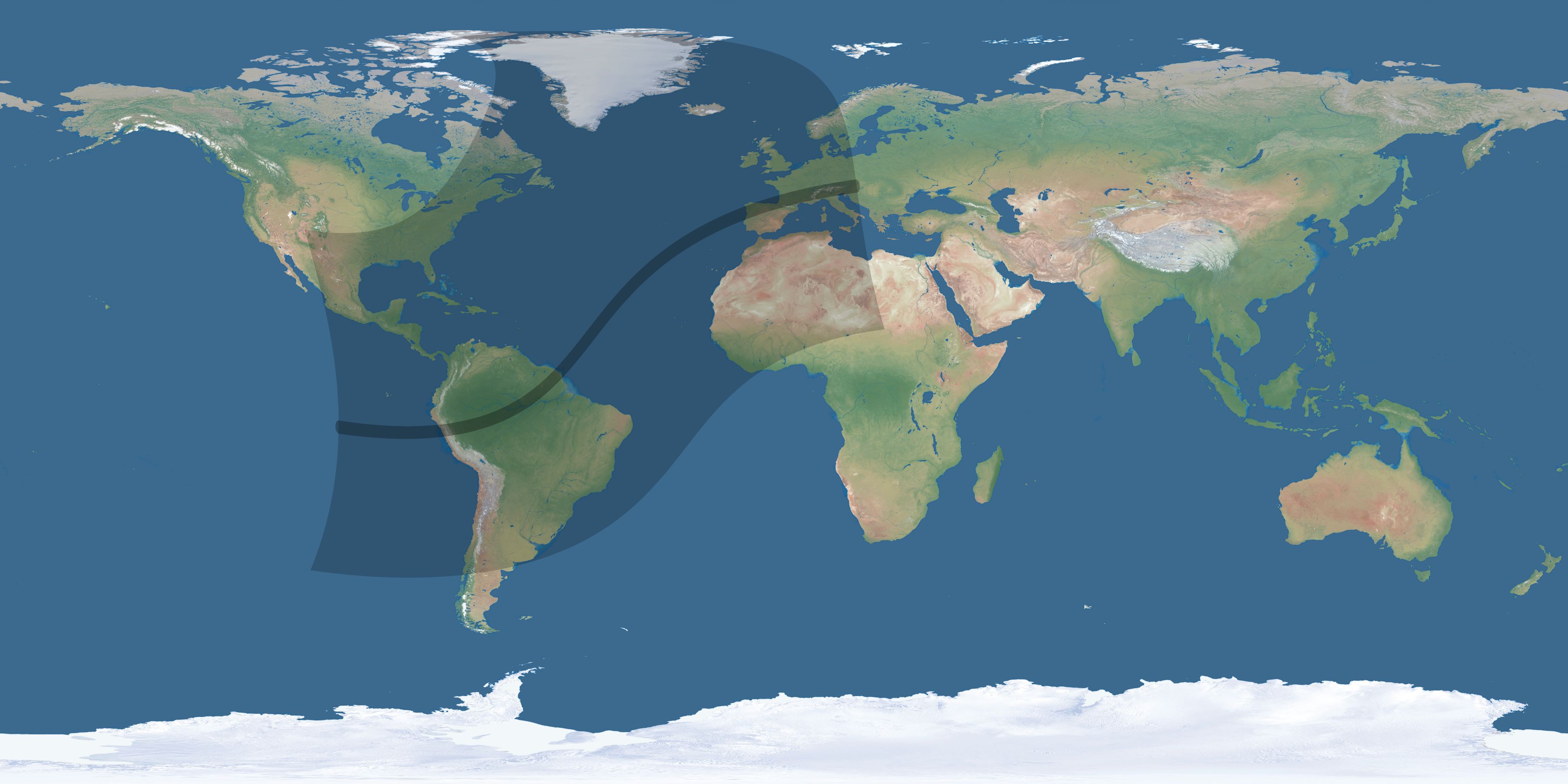 Map of the umbra and penumbra path of the solar eclipse of 02/27/2082