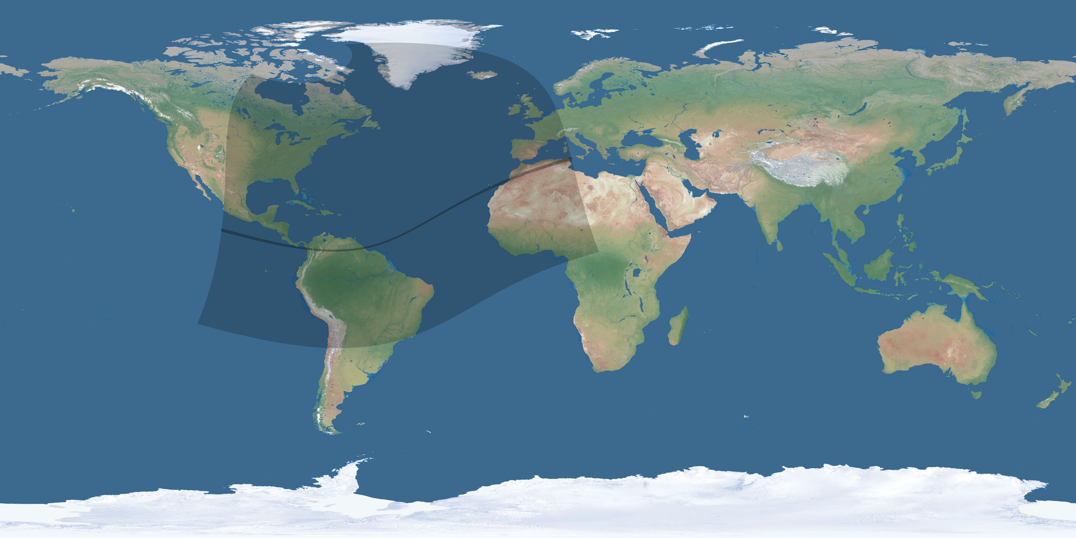 Map of the umbra and penumbra path of the solar eclipse of 02/07/2092