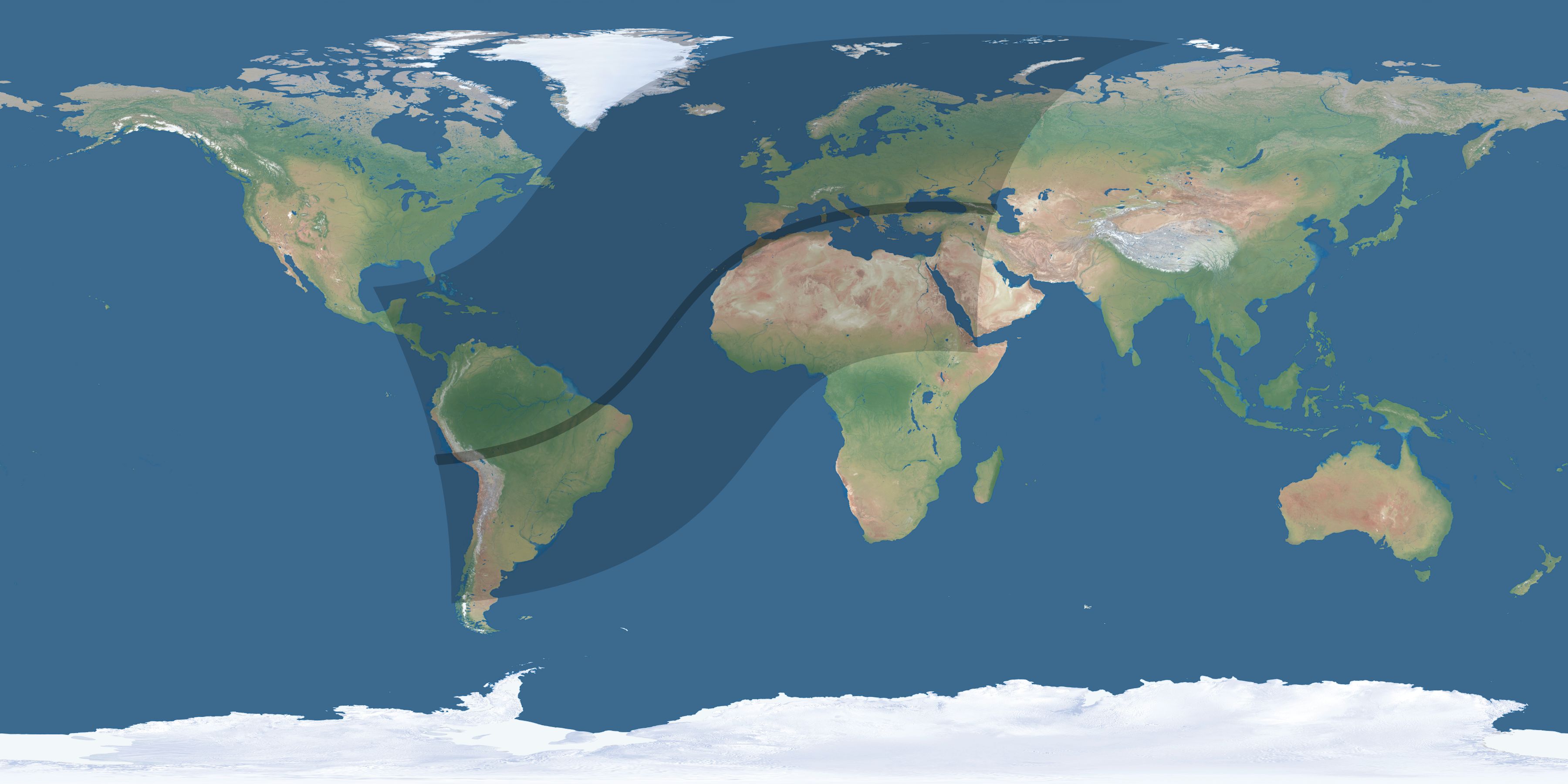 Map of the umbra and penumbra path of the solar eclipse of 04/01/2136
