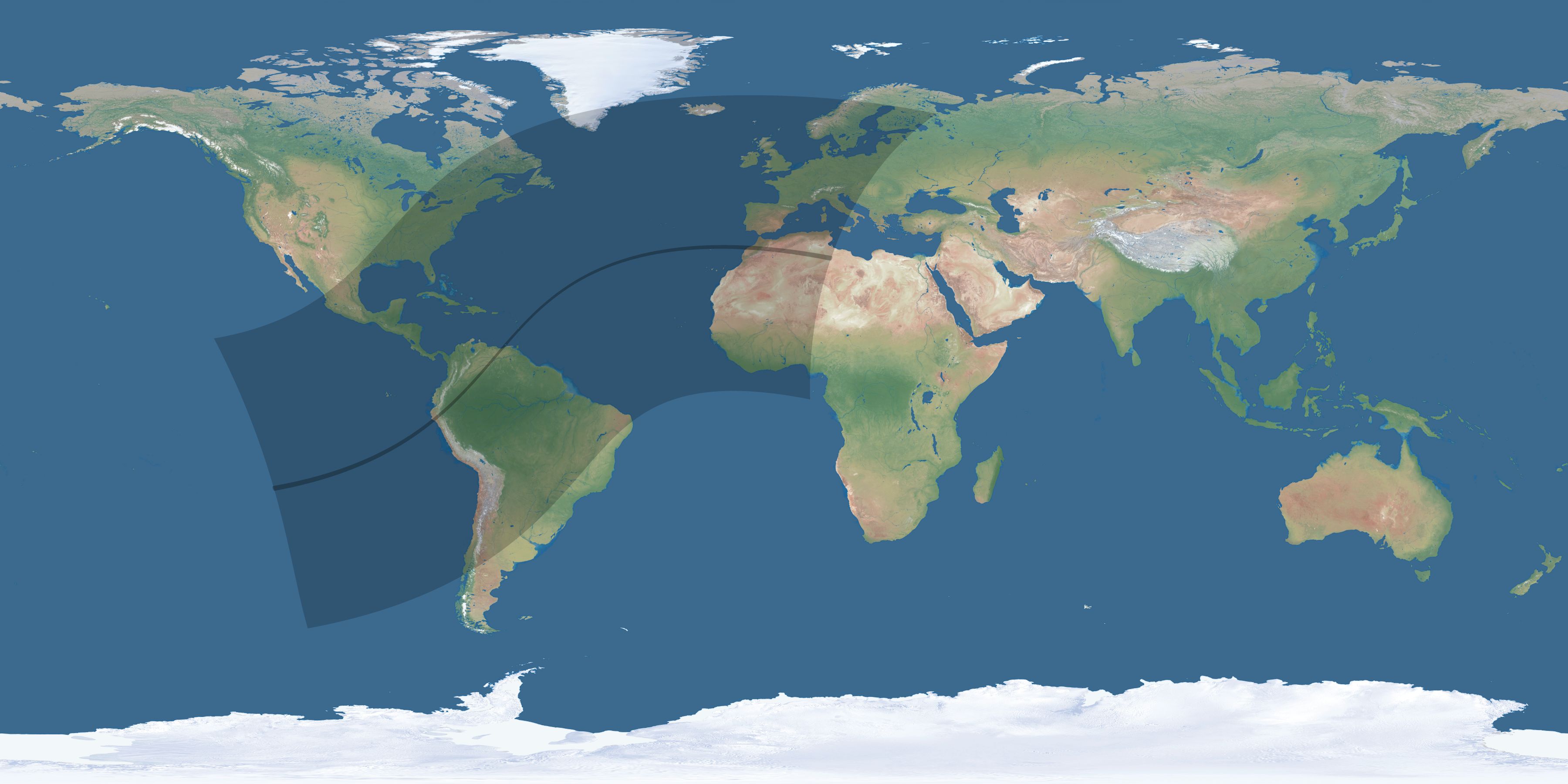 Map of the umbra and penumbra path of the solar eclipse of 04/16/2284