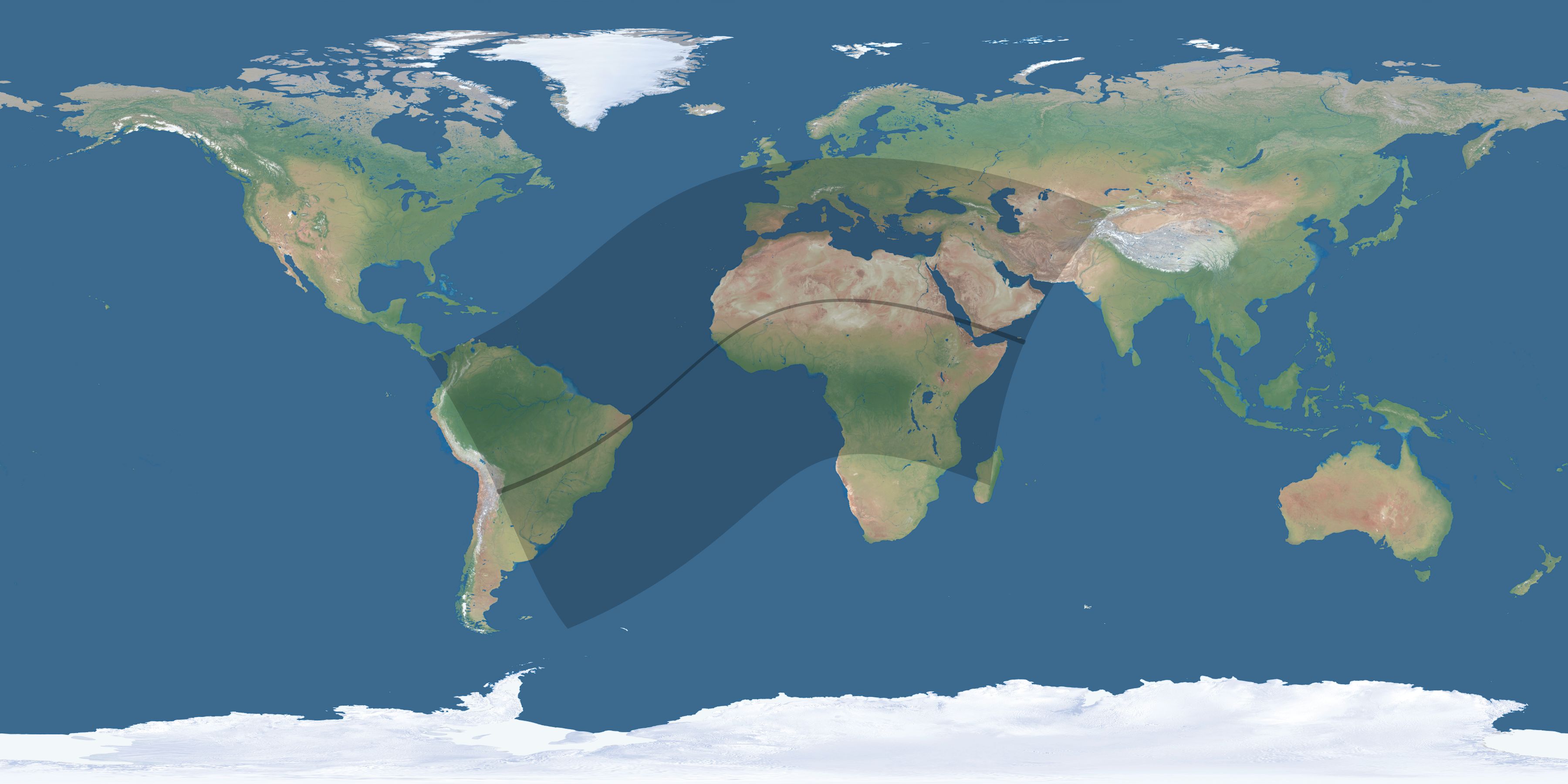 Map of the umbra and penumbra path of the solar eclipse of 05/20/2338