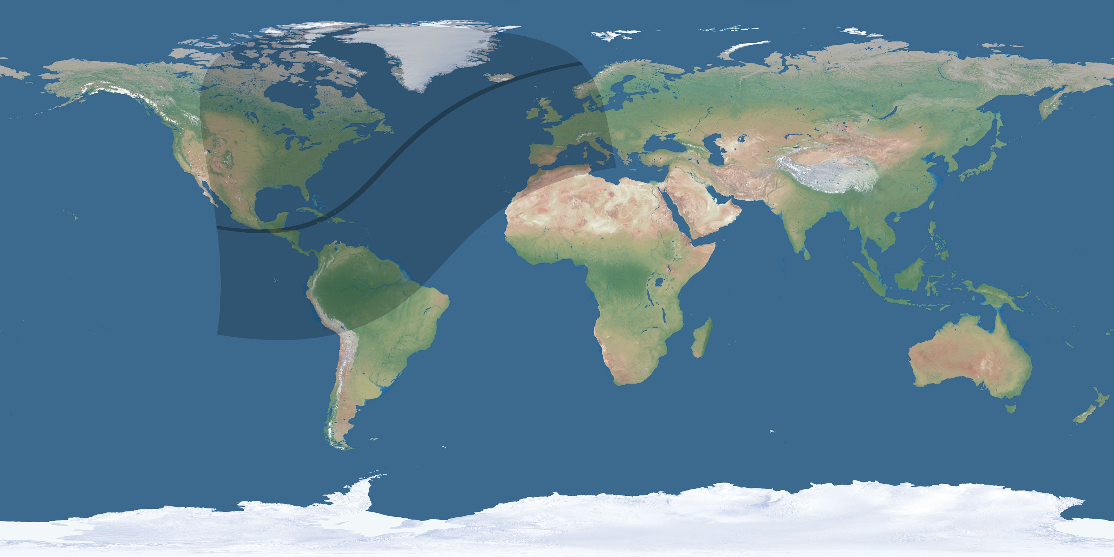 Map of the umbra and penumbra path of the solar eclipse of 02/25/2343
