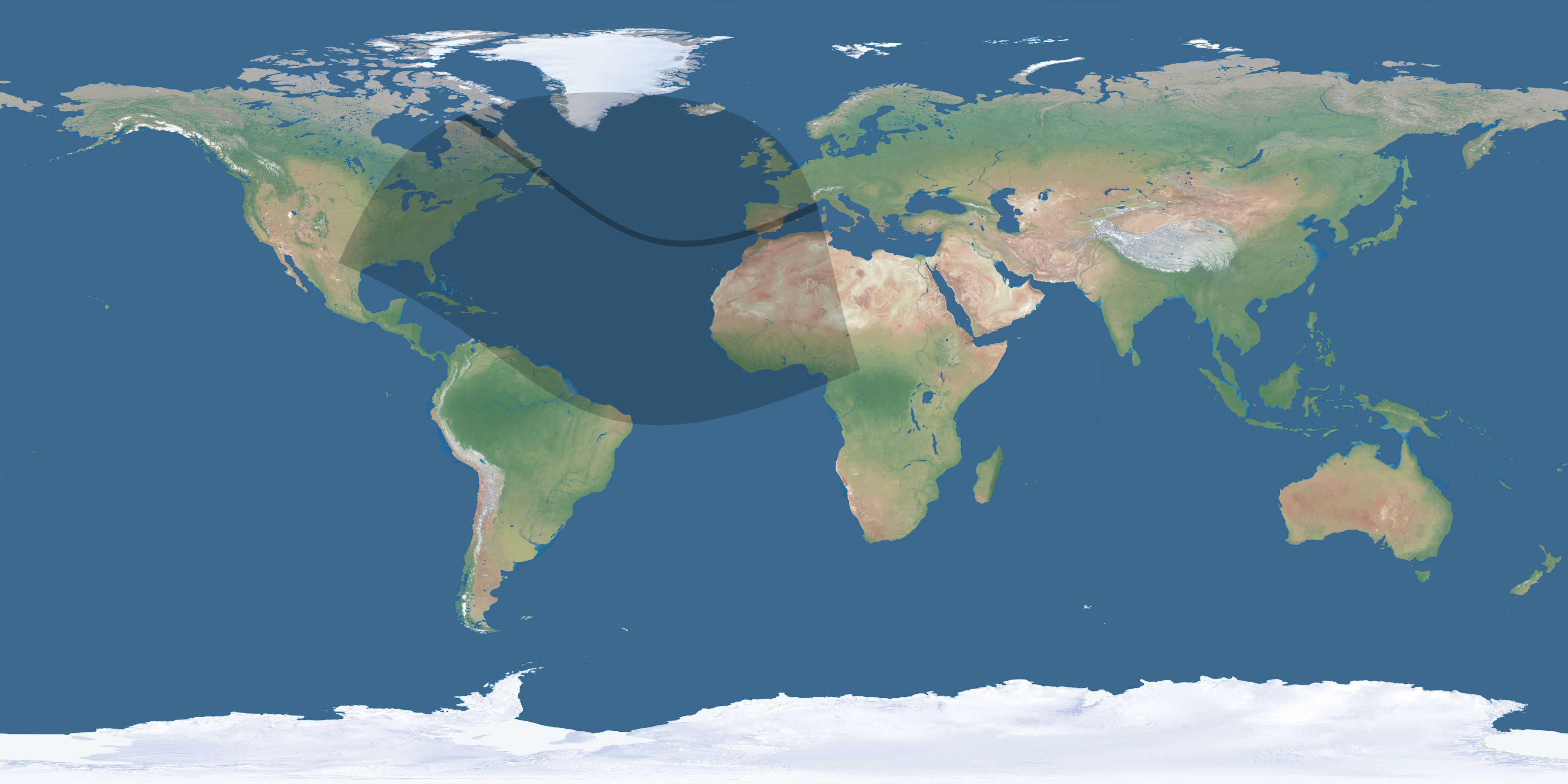Map of the umbra and penumbra path of the solar eclipse of 12/04/2355