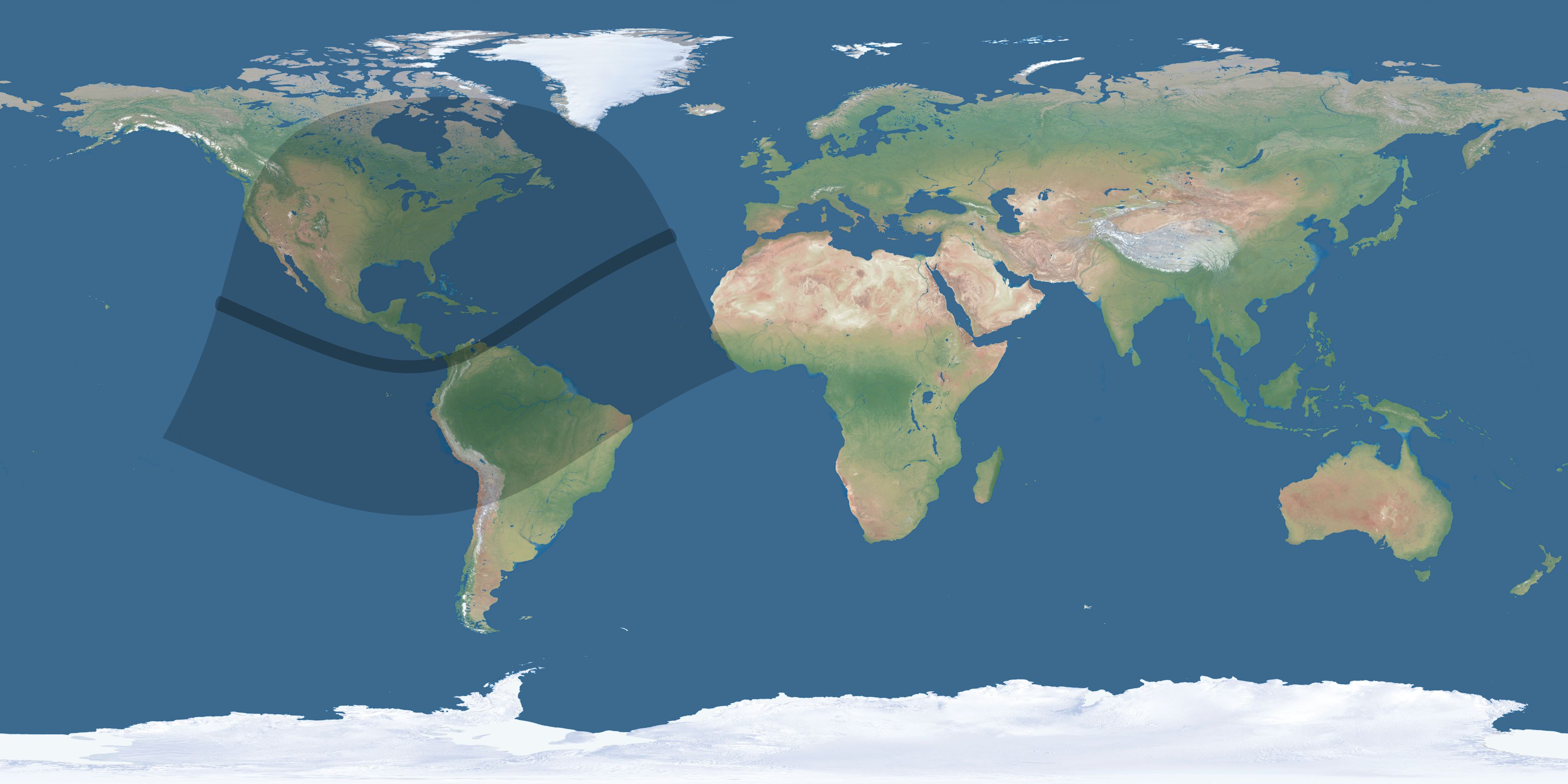 Map of the umbra and penumbra path of the solar eclipse of 12/28/2494