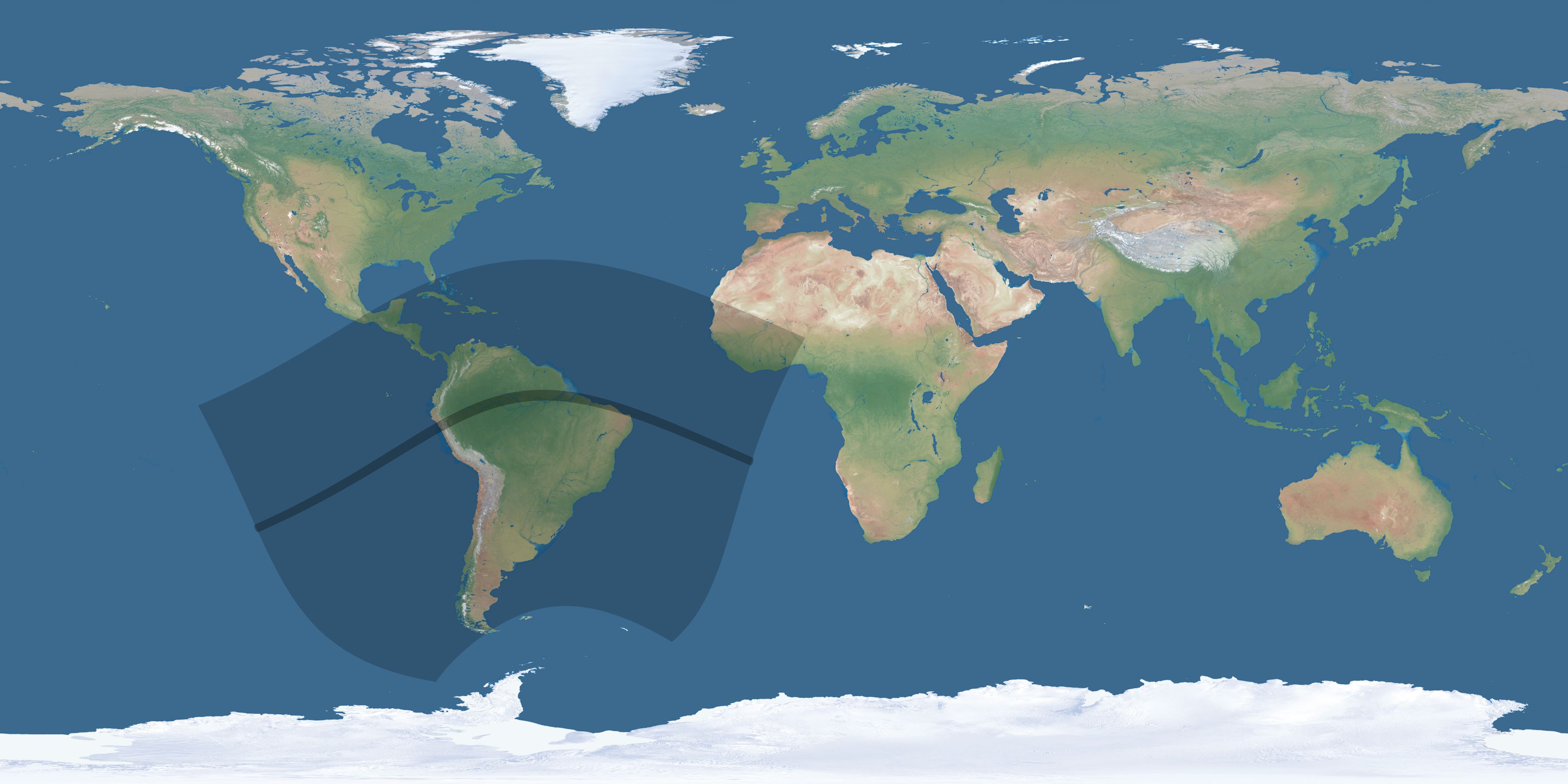 Map of the umbra and penumbra path of the solar eclipse of 06/14/2504