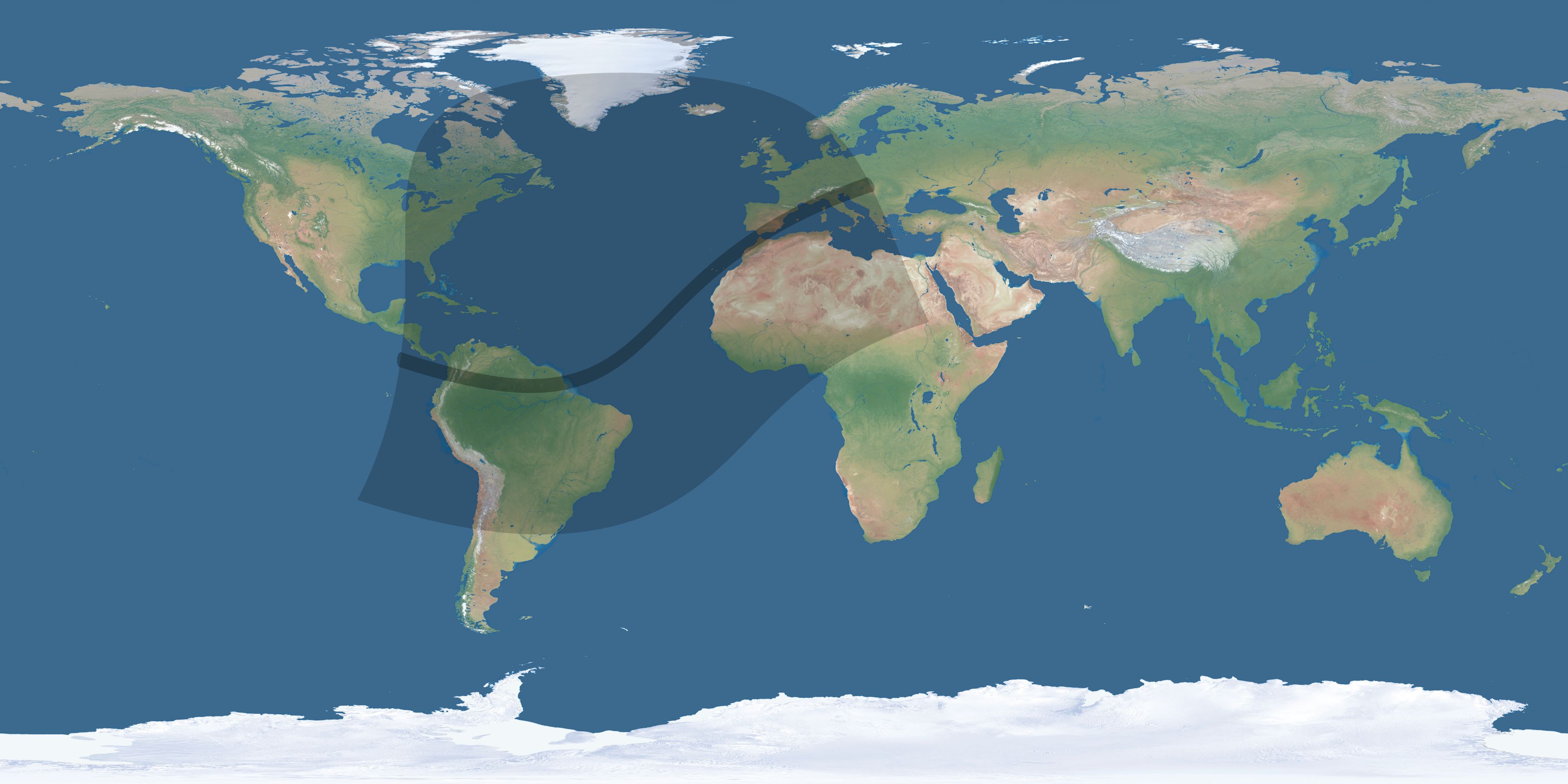 Map of the umbra and penumbra path of the solar eclipse of 01/30/2549