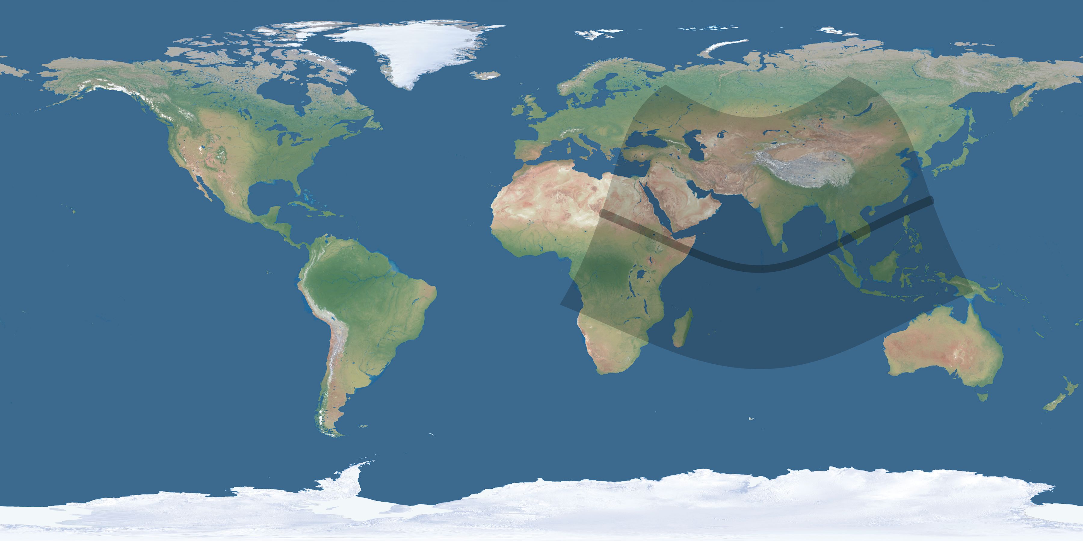 Map of the umbra and penumbra path of the solar eclipse of 01/09/2559