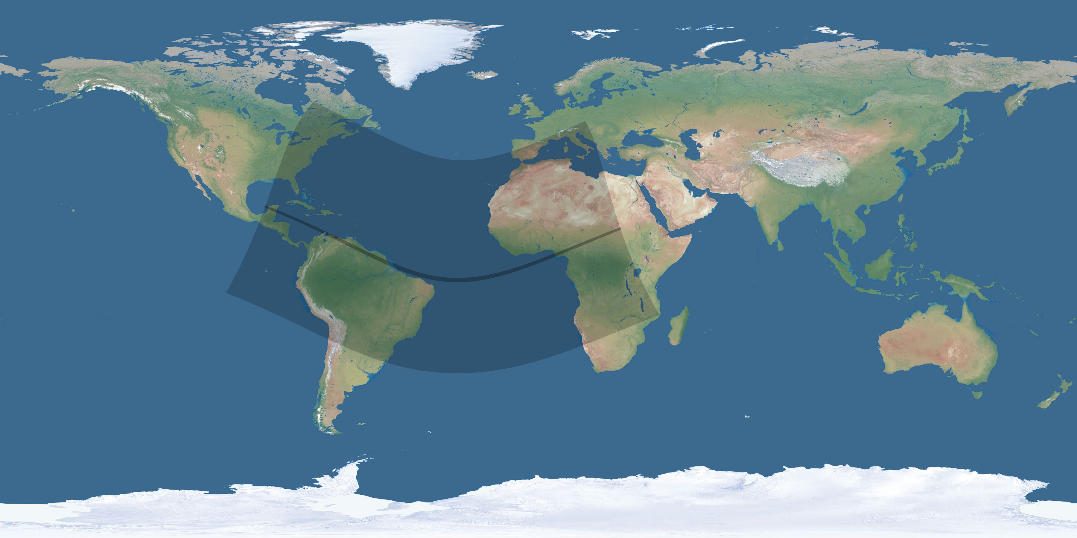Map of the umbra and penumbra path of the solar eclipse of 11/29/2570
