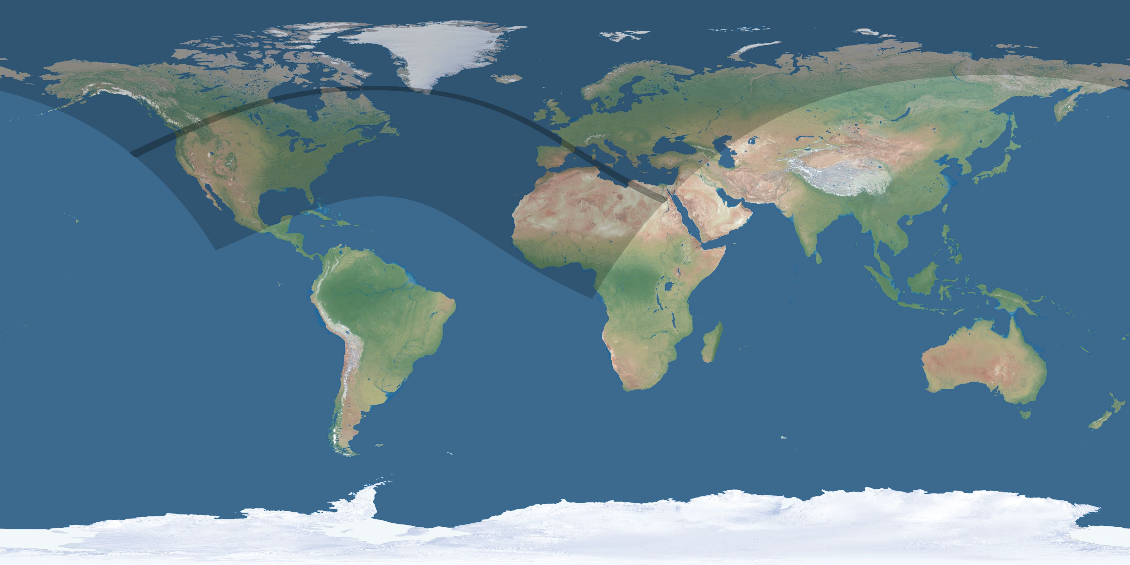 Map of the umbra and penumbra path of the solar eclipse of 06/27/2587