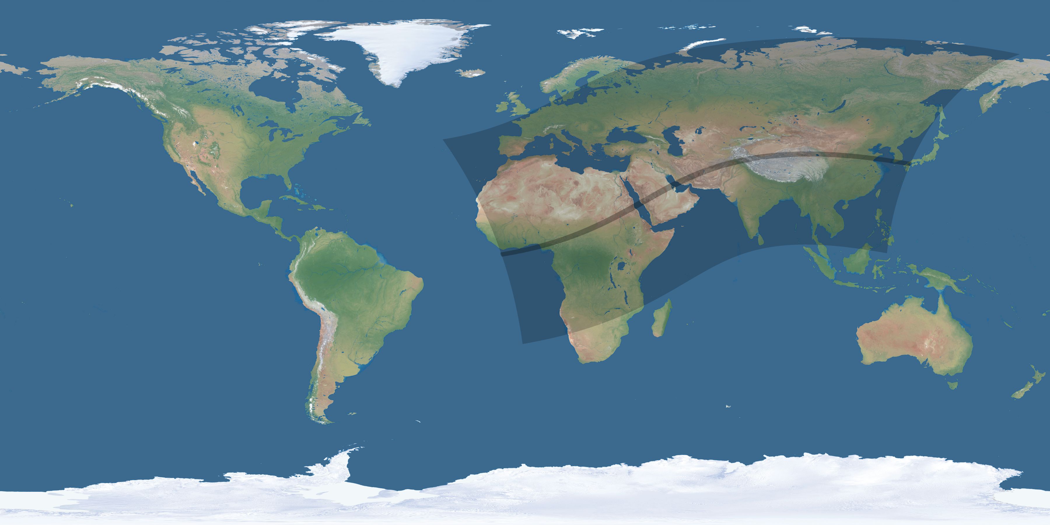 Map of the umbra and penumbra path of the solar eclipse of 04/14/2591