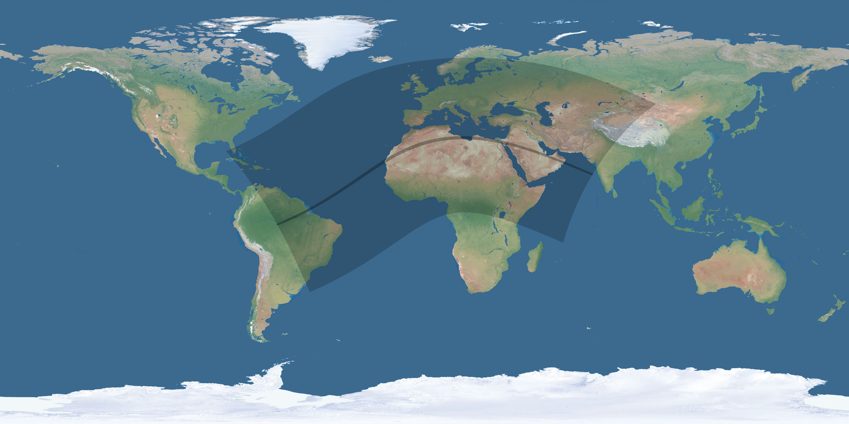Map of the umbra and penumbra path of the solar eclipse of 06/07/2635