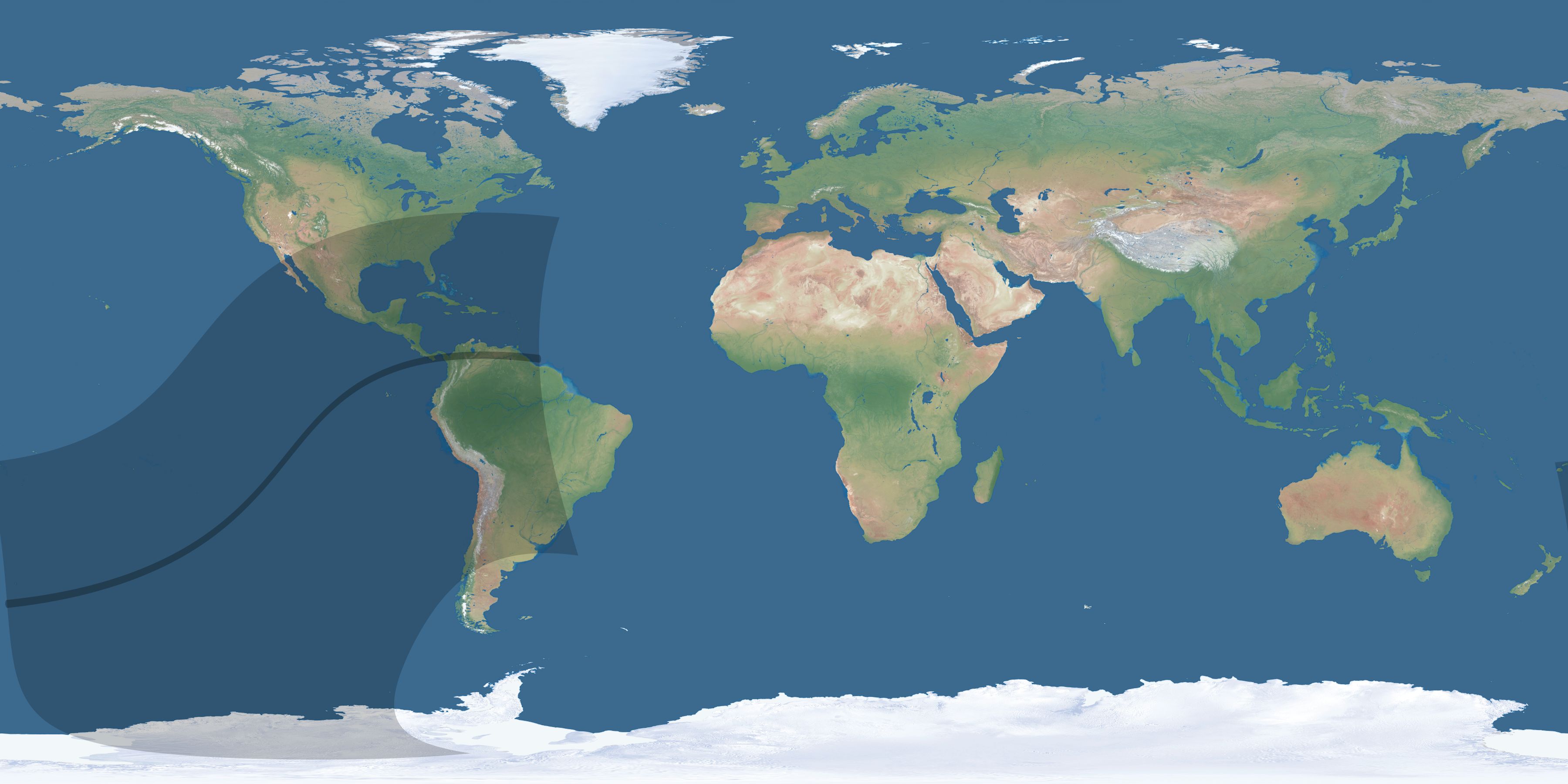 Map of the umbra and penumbra path of the solar eclipse of 04/06/2638