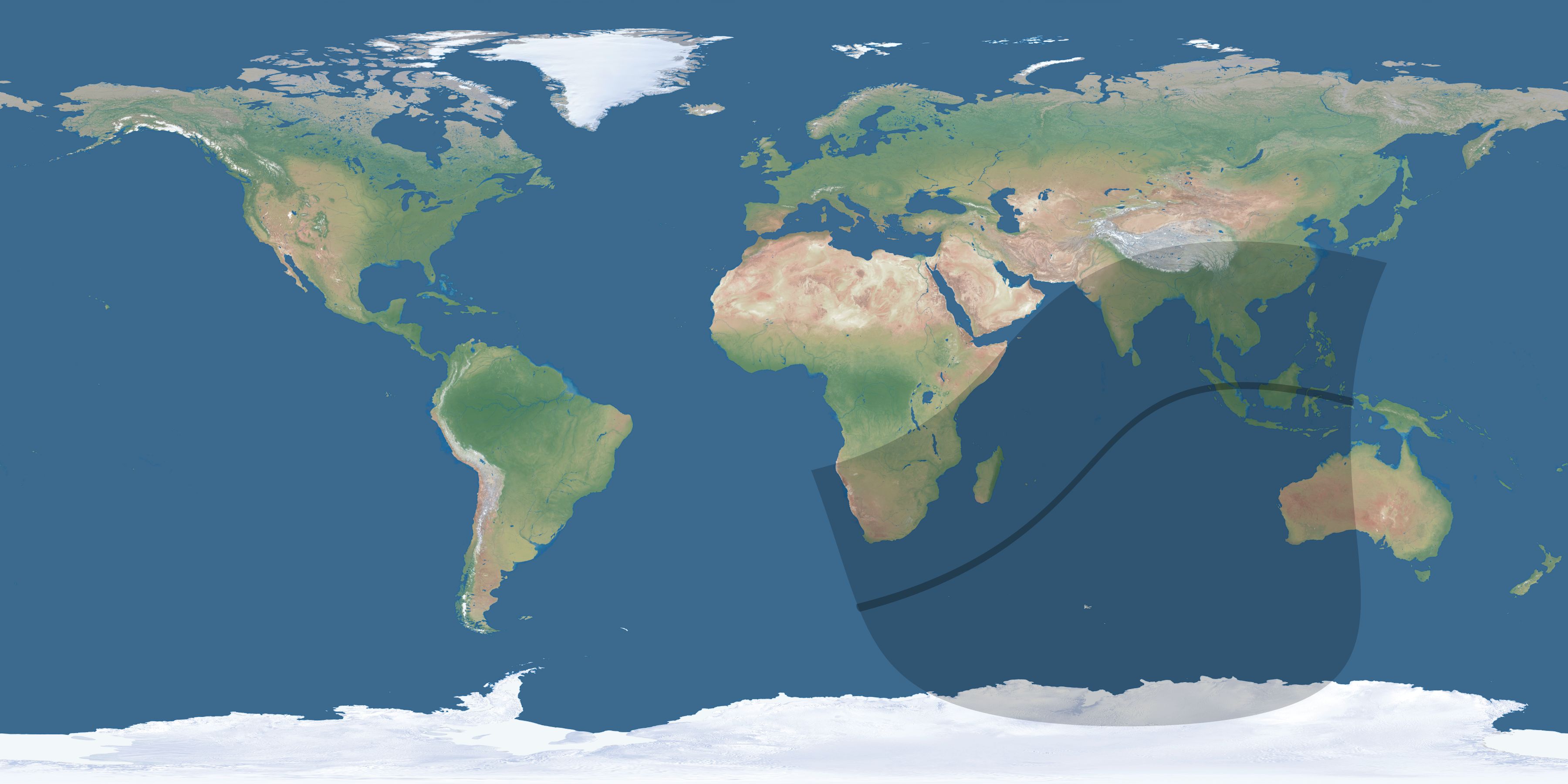 Map of the umbra and penumbra path of the solar eclipse of 04/28/2674