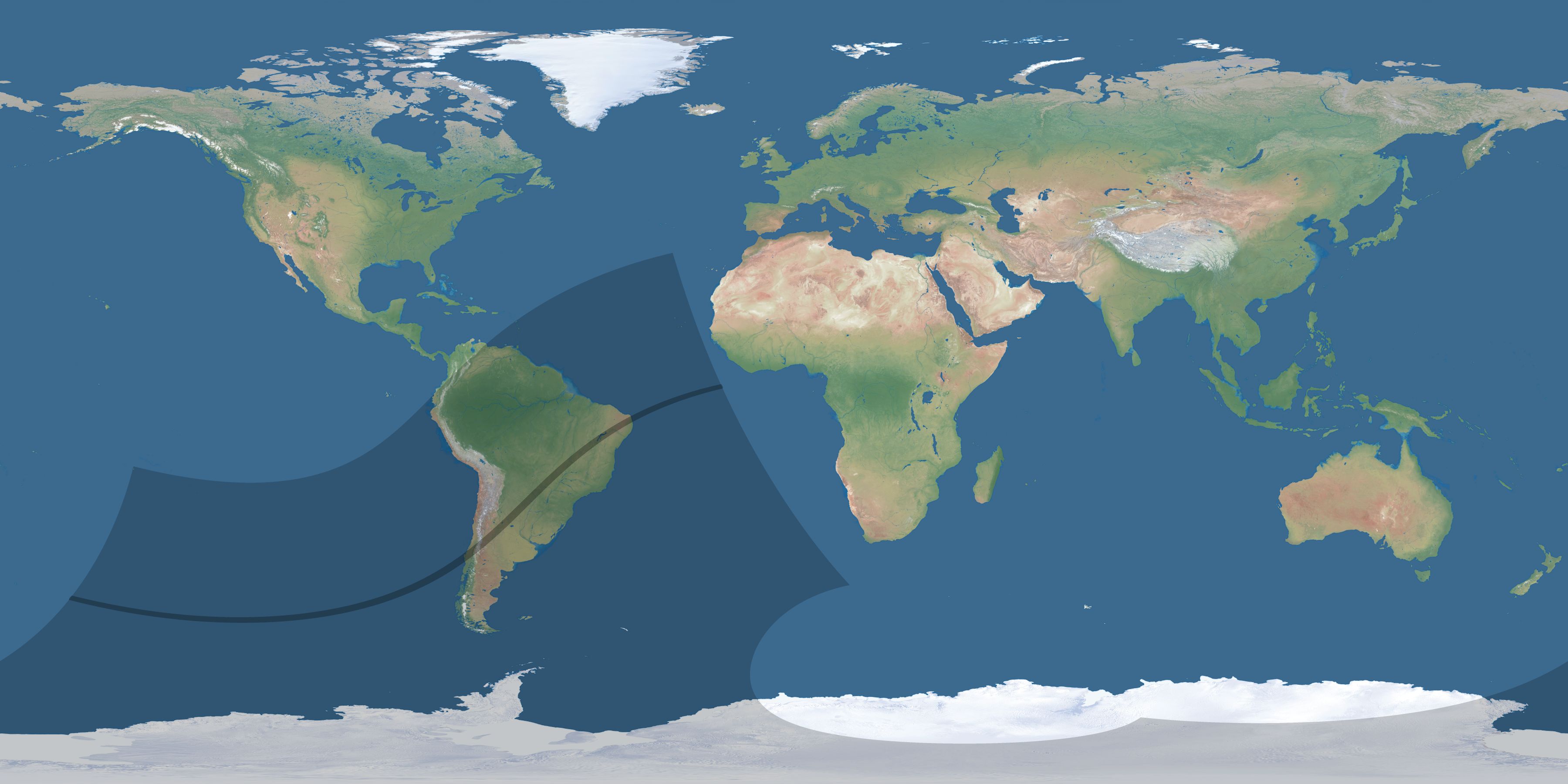 Map of the umbra and penumbra path of the solar eclipse of 02/13/2678
