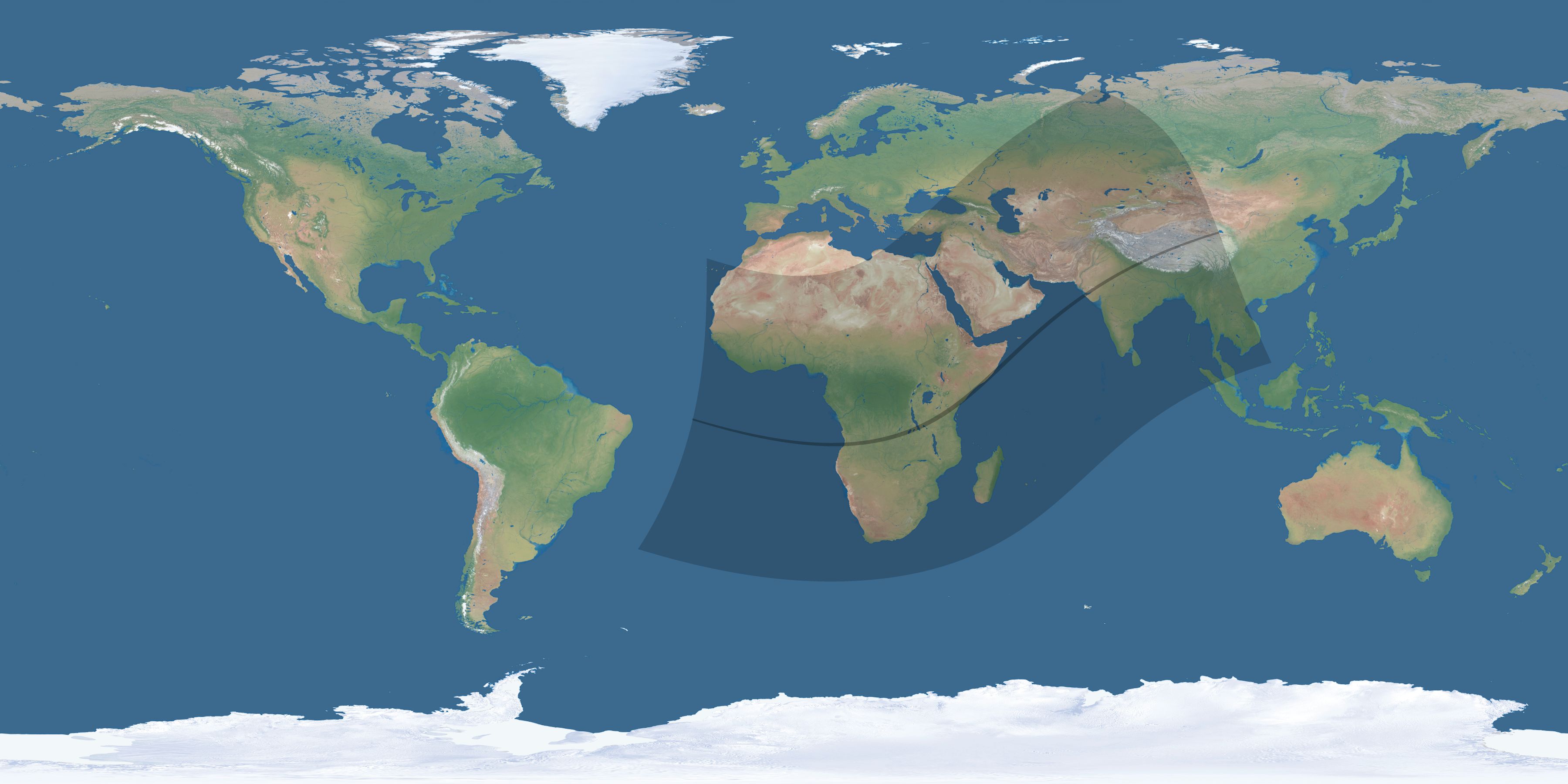 Map of the umbra and penumbra path of the solar eclipse of 02/03/2679