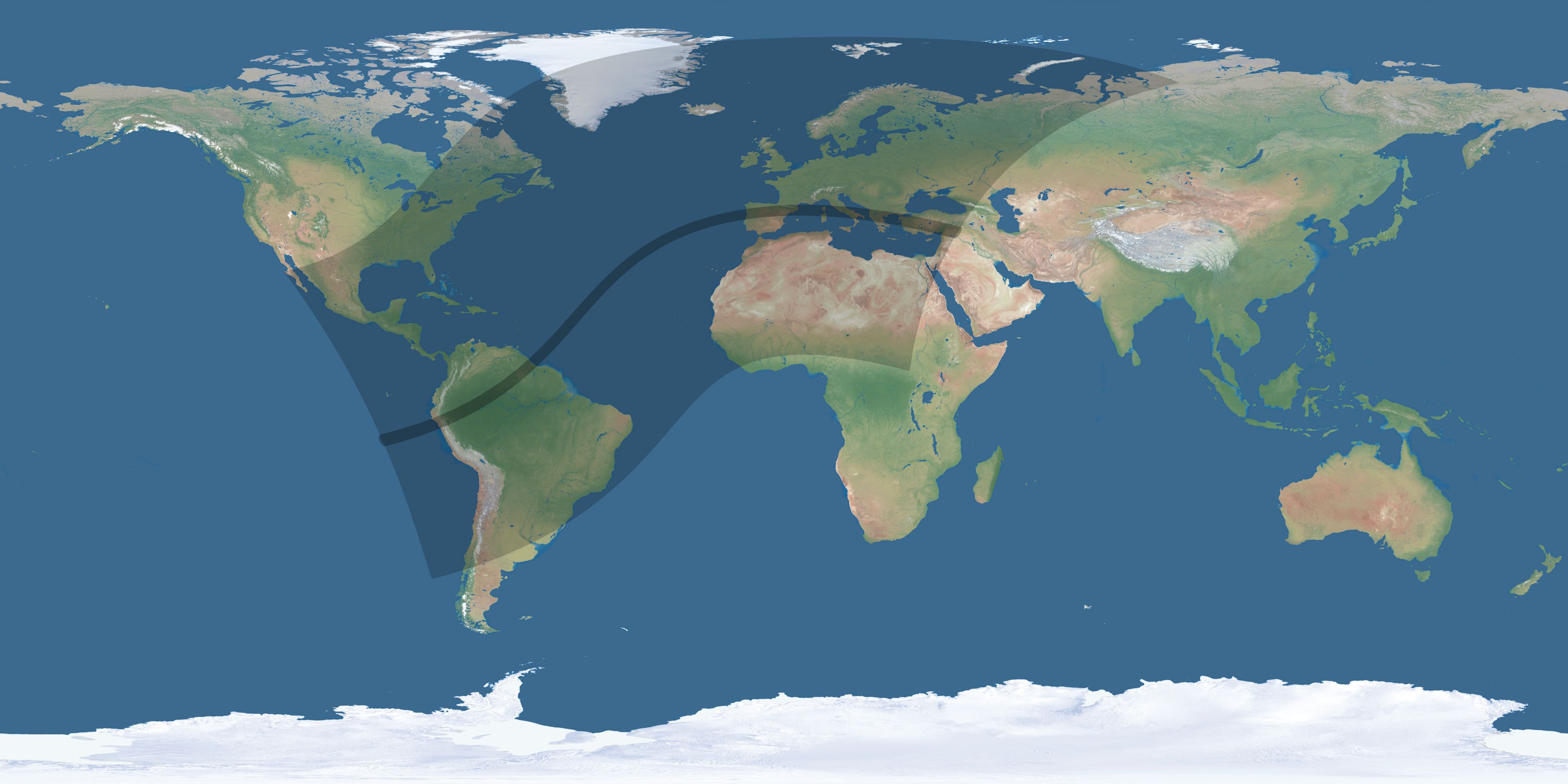 Map of the umbra and penumbra path of the solar eclipse of 04/27/2693