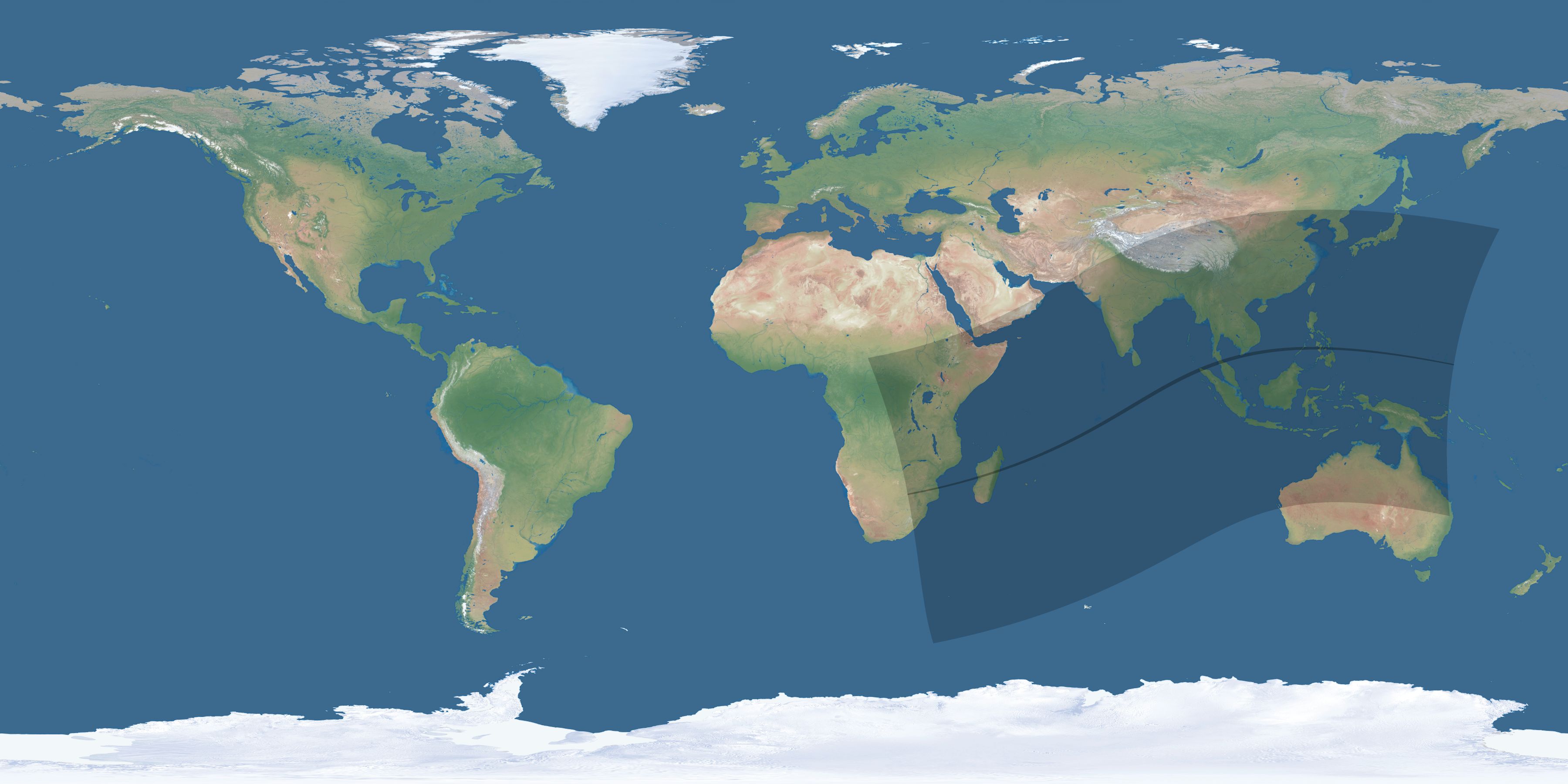Map of the umbra and penumbra path of the solar eclipse of 04/18/2740