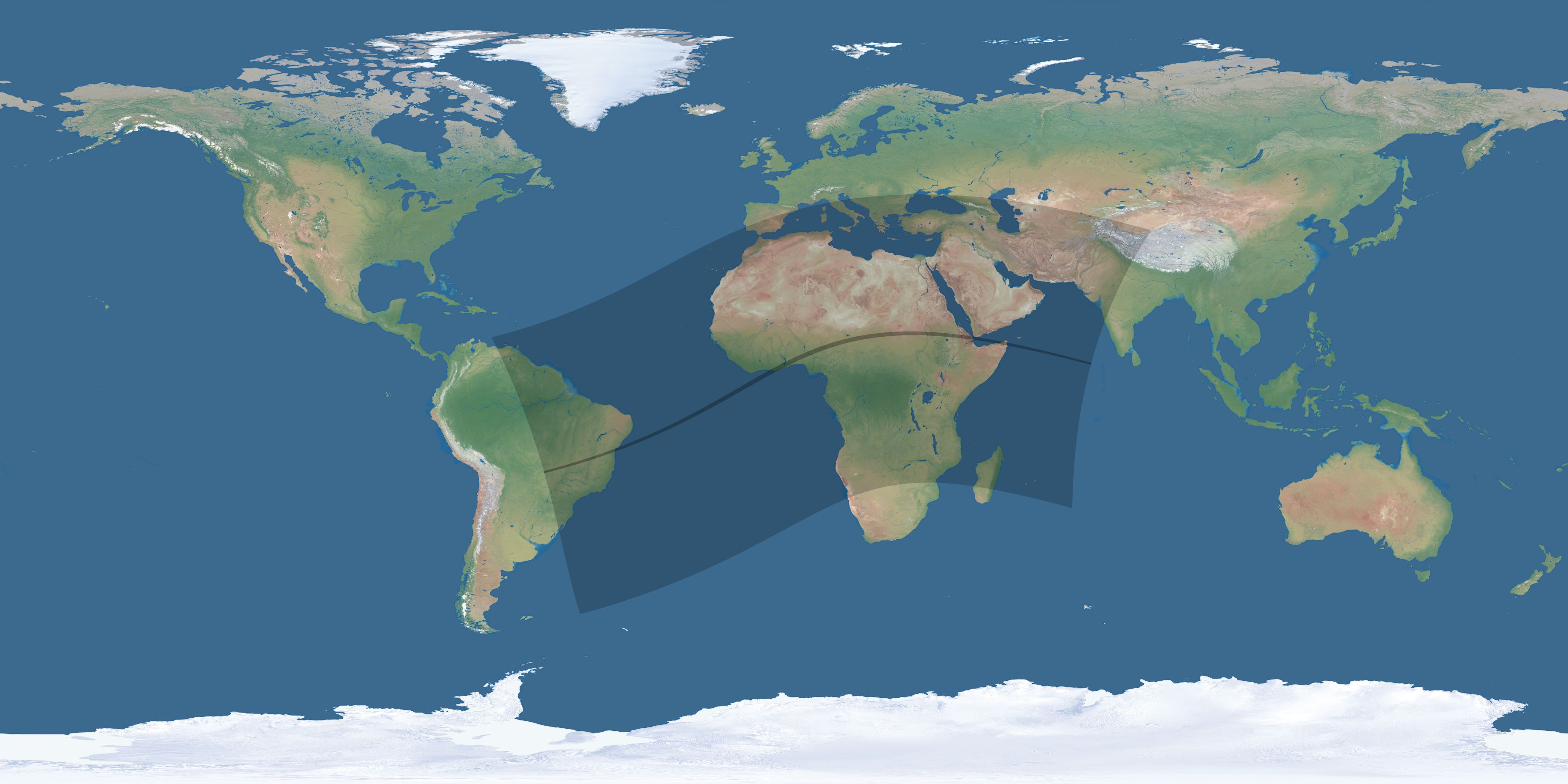Map of the umbra and penumbra path of the solar eclipse of 04/29/2758