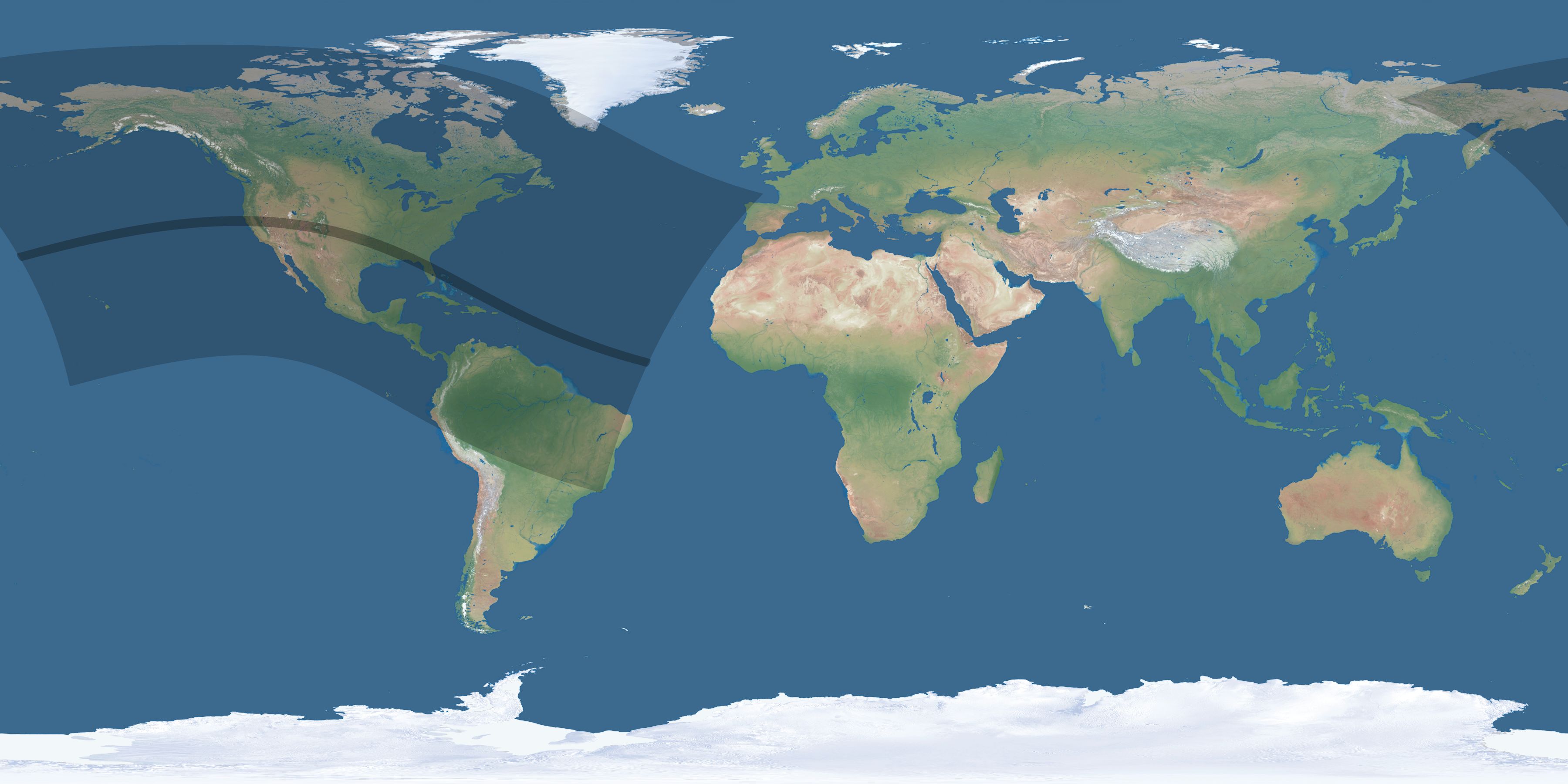 Map of the umbra and penumbra path of the solar eclipse of 08/12/2762