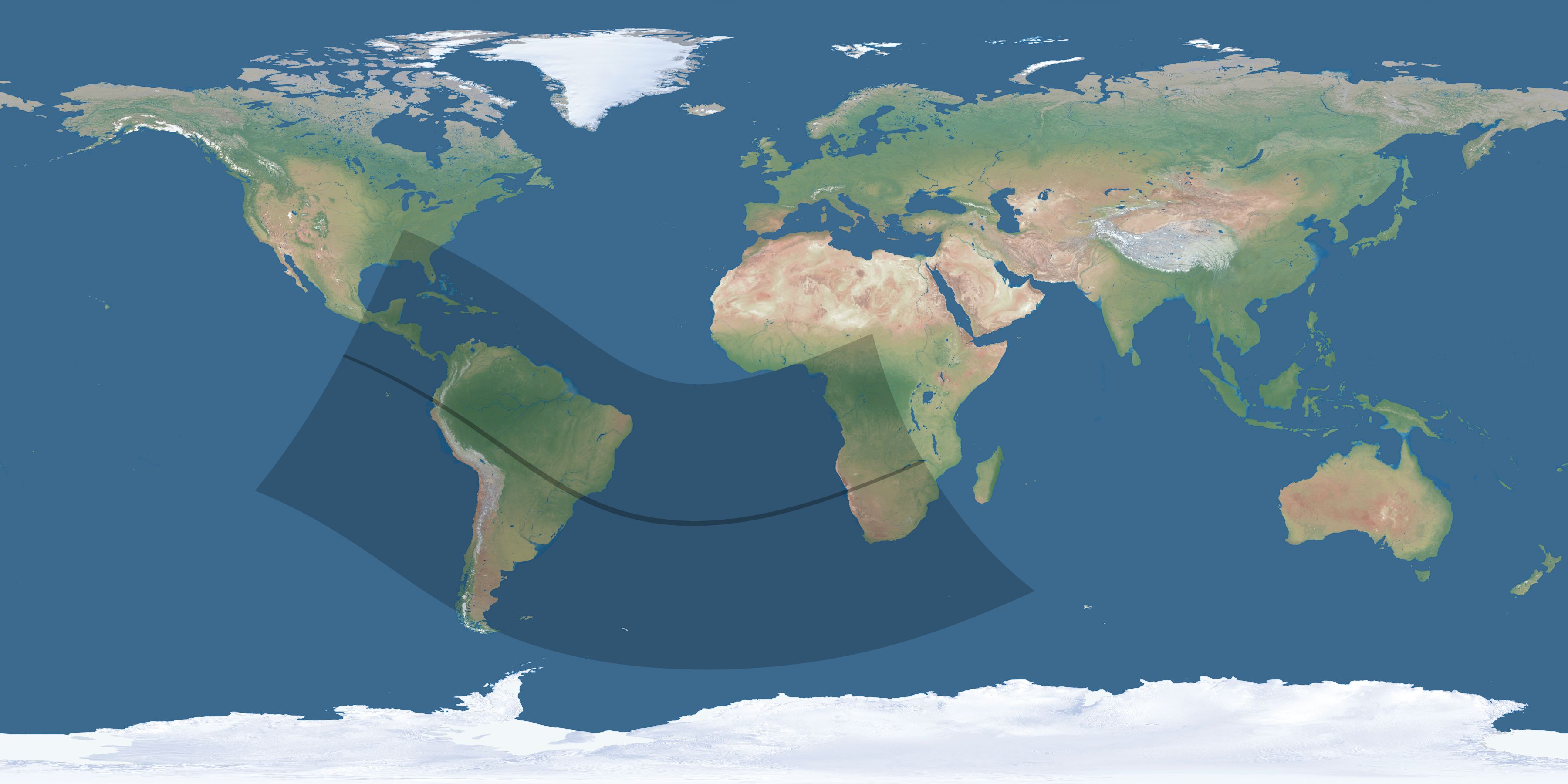 Map of the umbra and penumbra path of the solar eclipse of 12/04/2765