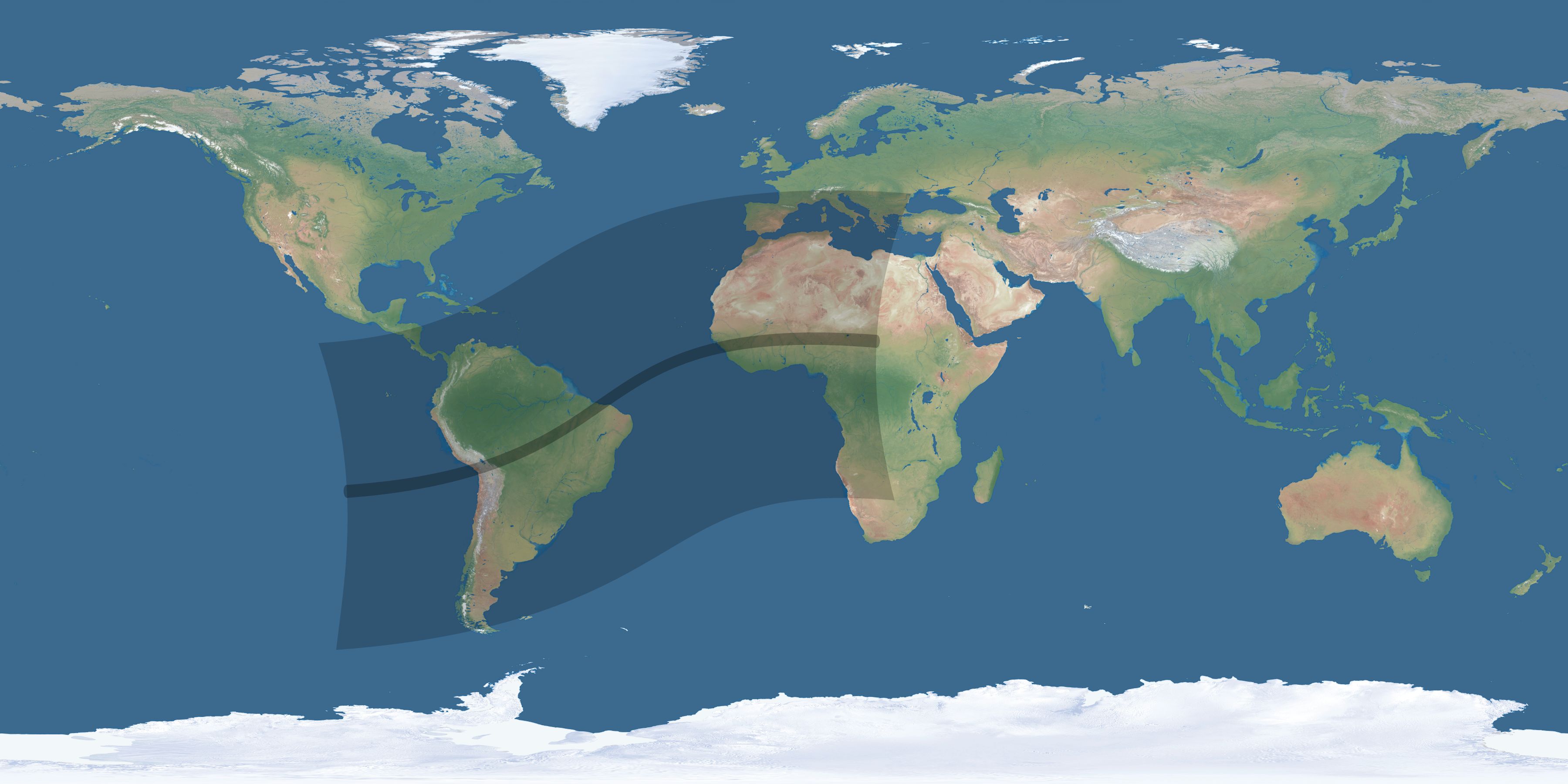 Map of the umbra and penumbra path of the solar eclipse of 03/31/2834