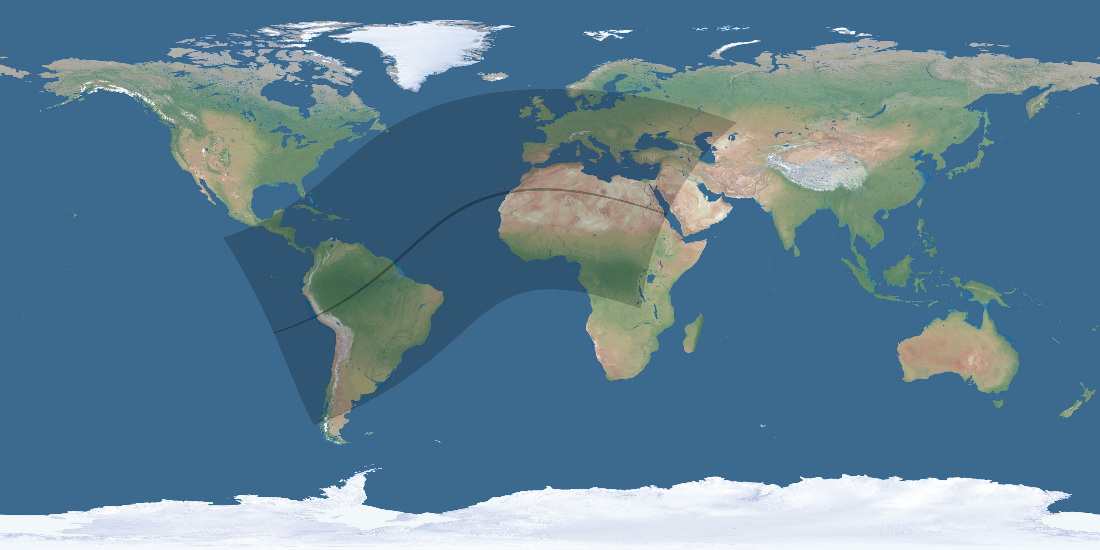 Map of the umbra and penumbra path of the solar eclipse of 05/12/2841