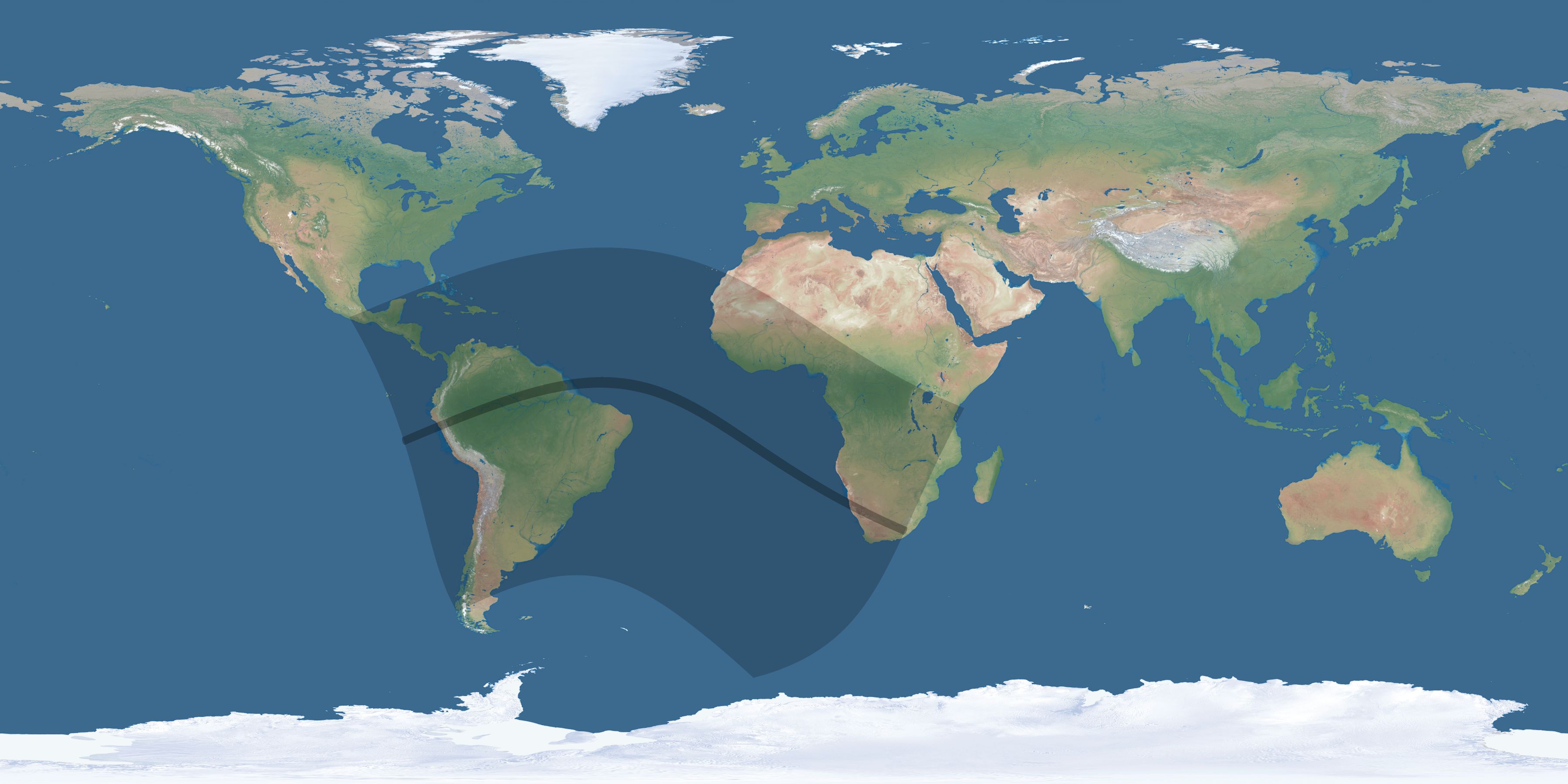 Map of the umbra and penumbra path of the solar eclipse of 07/03/2885